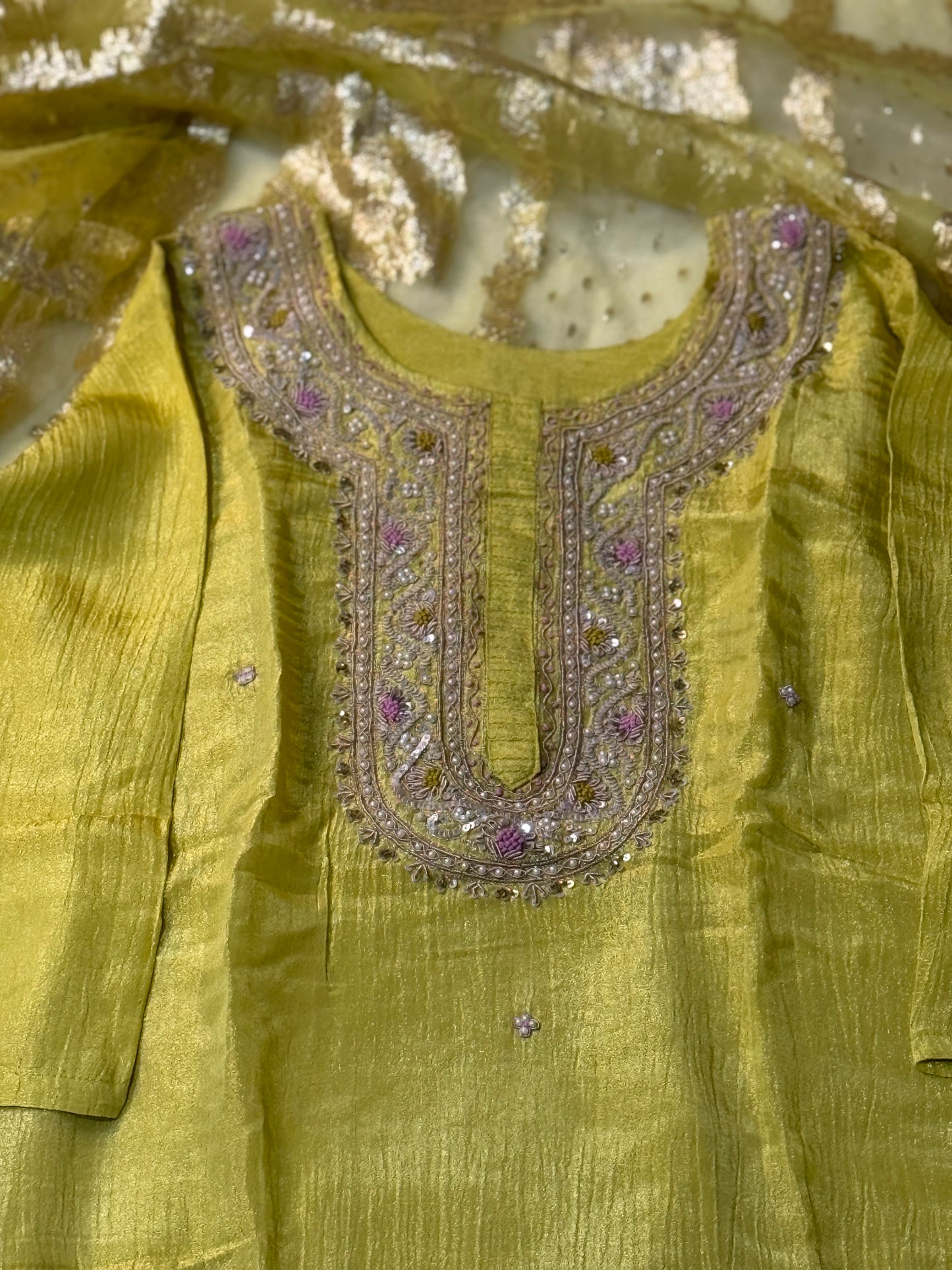 Beautiful yellow shade crush tissue kurti set with banaras dupatta