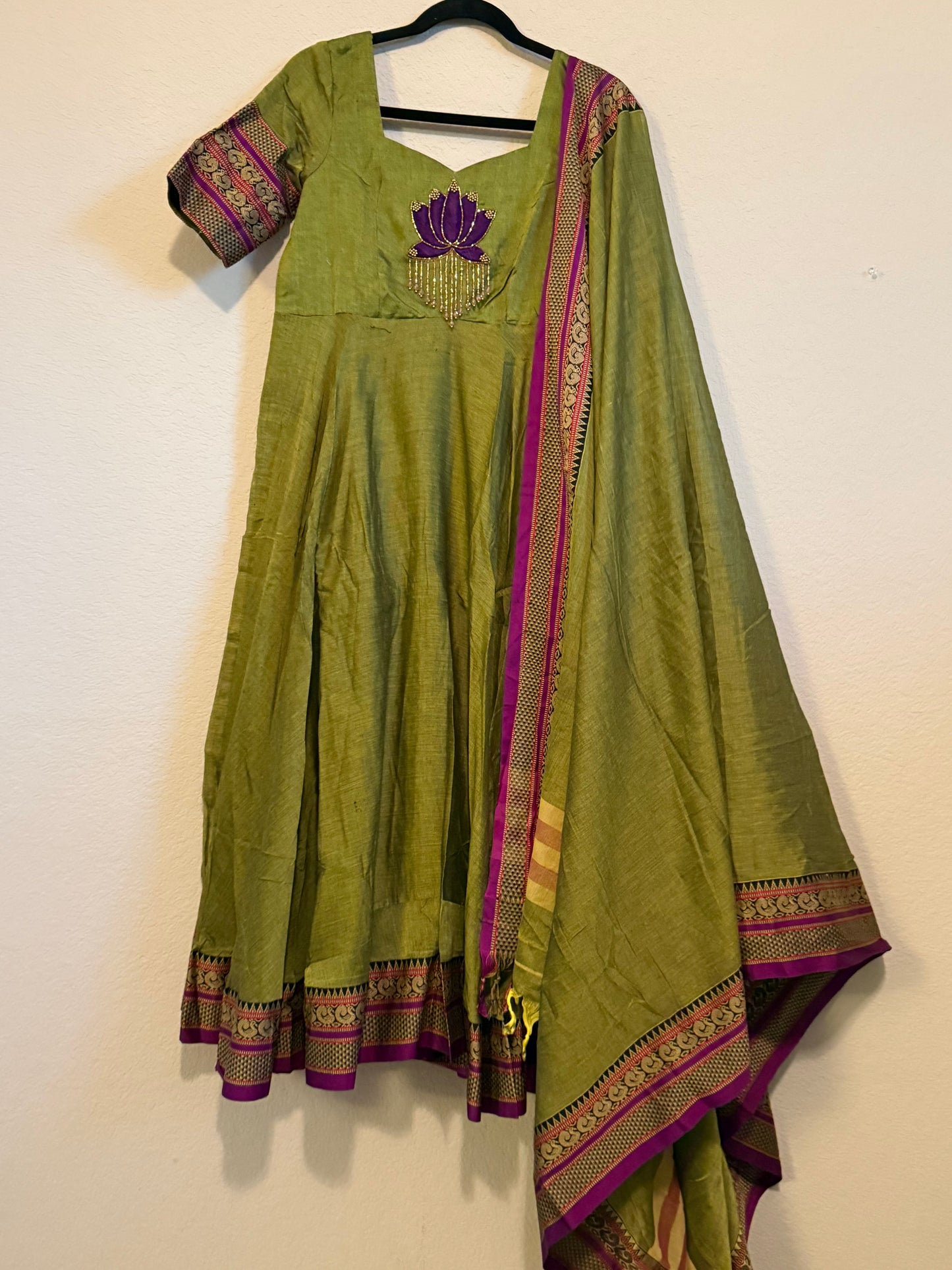 Green Narayanpet Maggam Work Anarkali with Dupatta