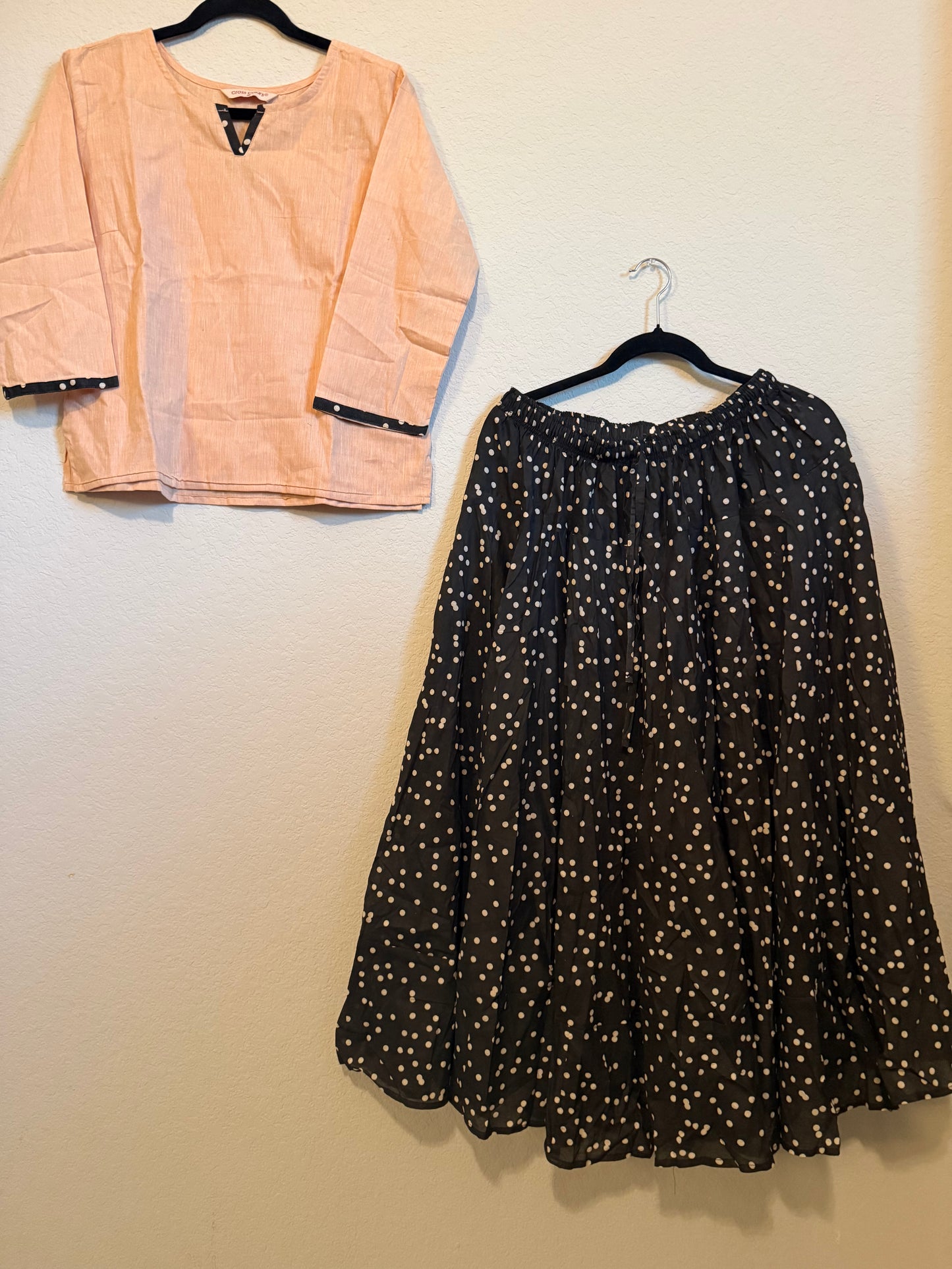 Black cotton polka dot skirt with biege top - set