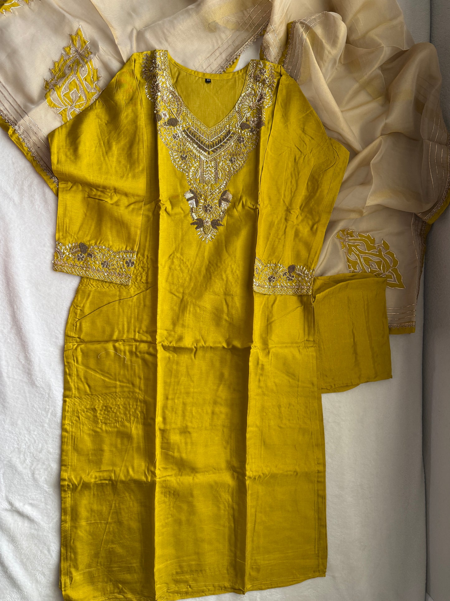 Mehendi green designer handwork straight cut partywear suit set