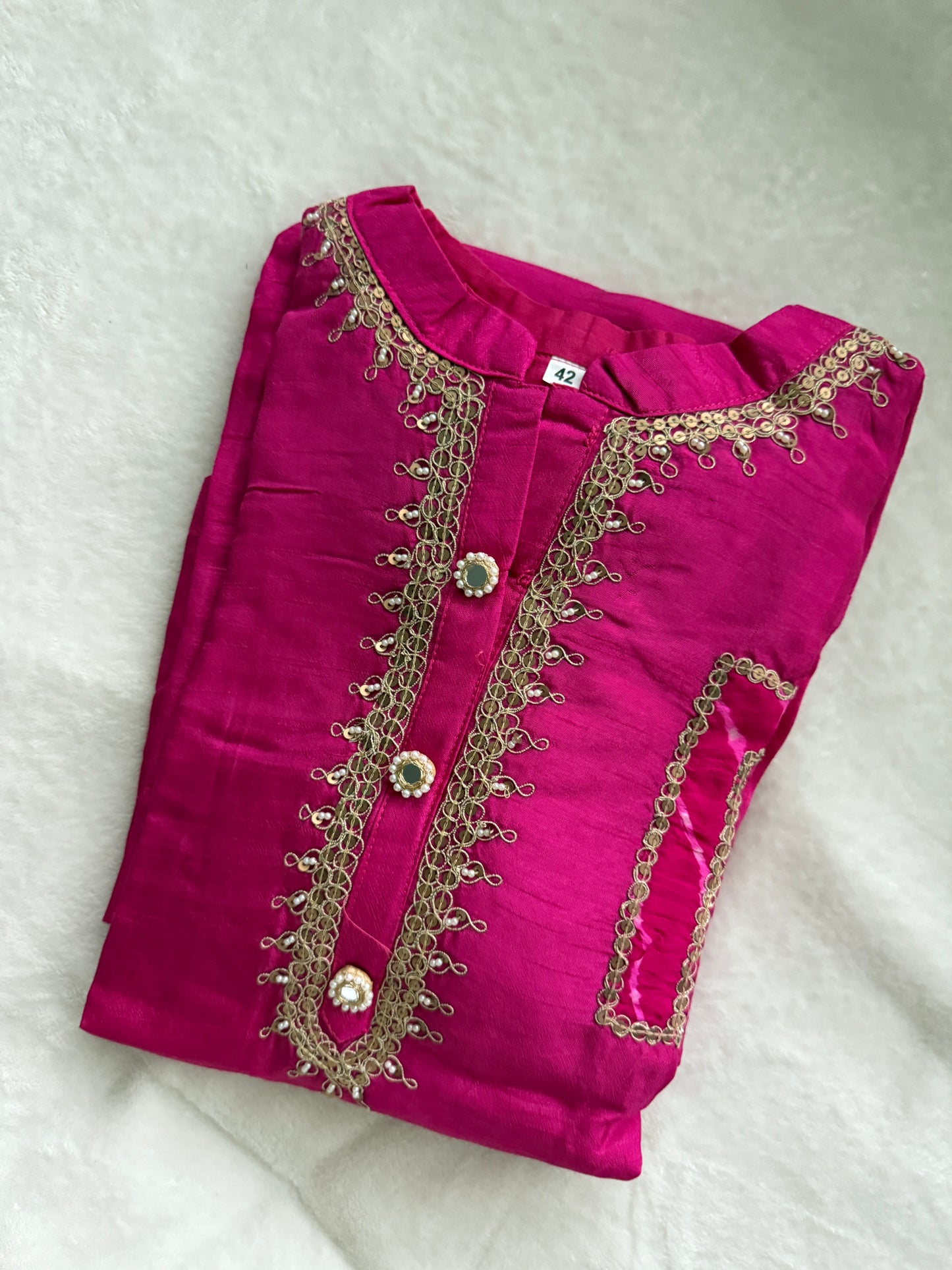 Pink Dola Silk Heavy Work Straight Cut Kurti Set with Leheriya Dupatta