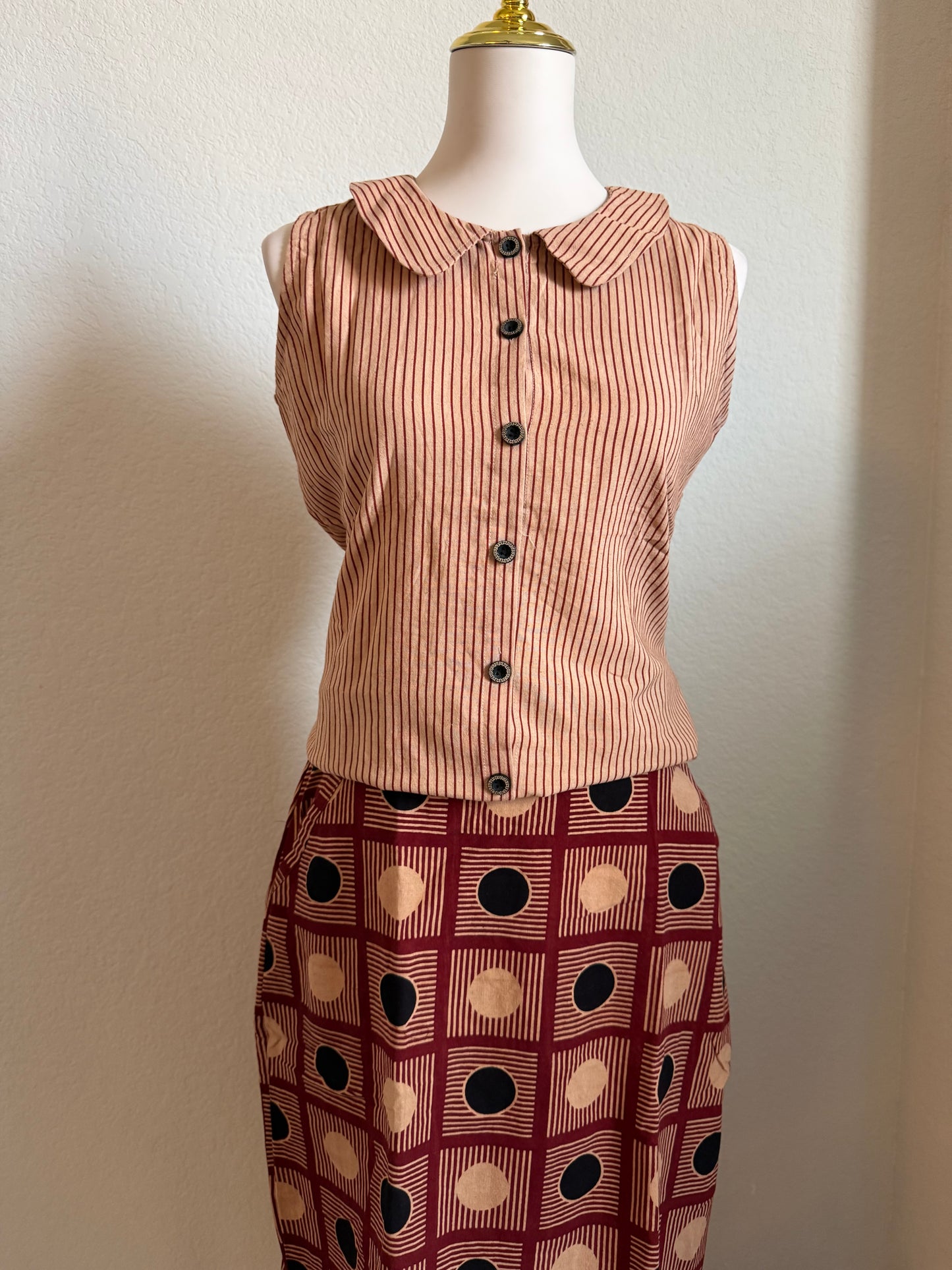 Maroon Stripes Cotton Top with Ajrakh Skirt