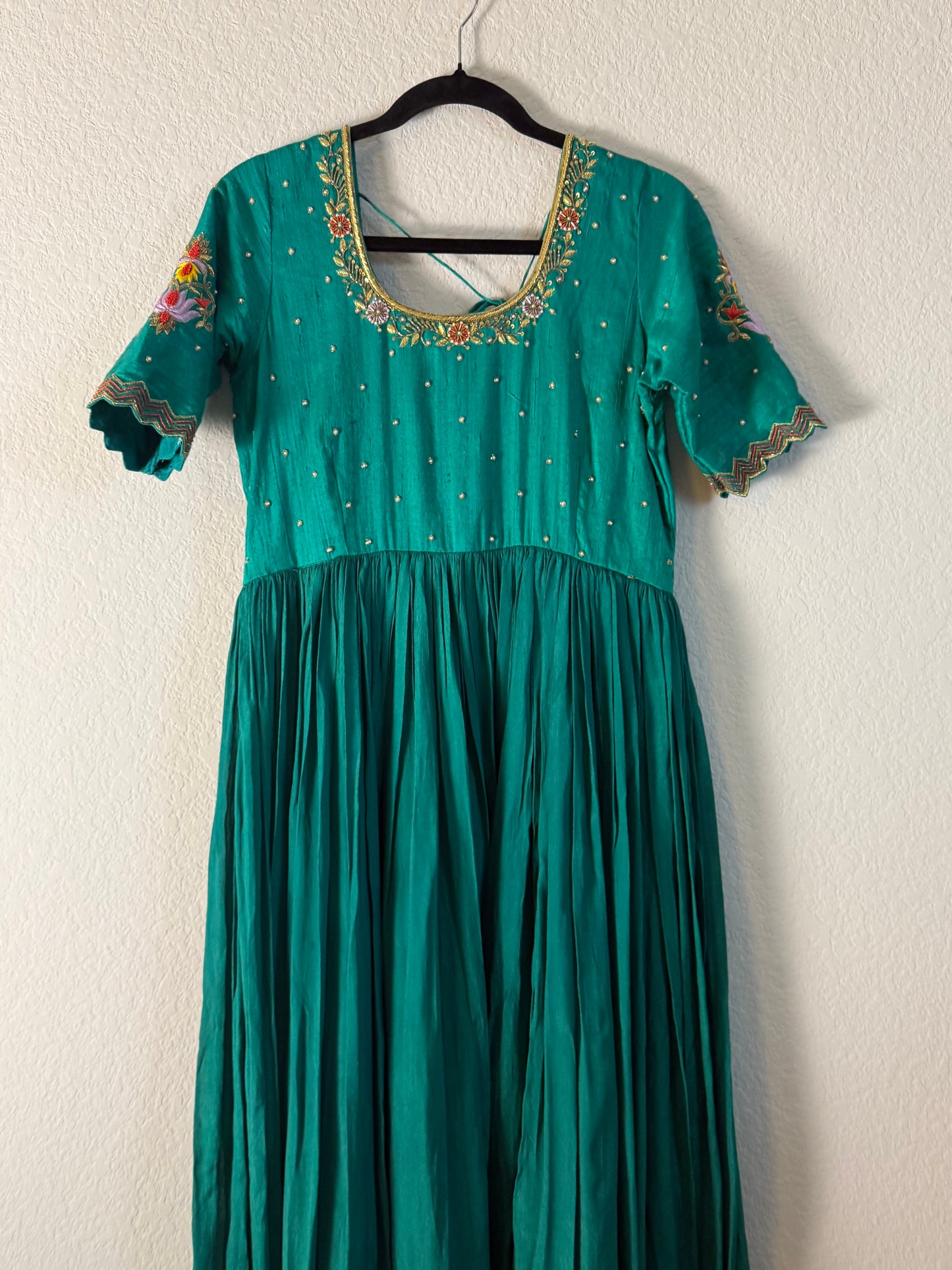 Green Georgette Maggam Work Long Dress