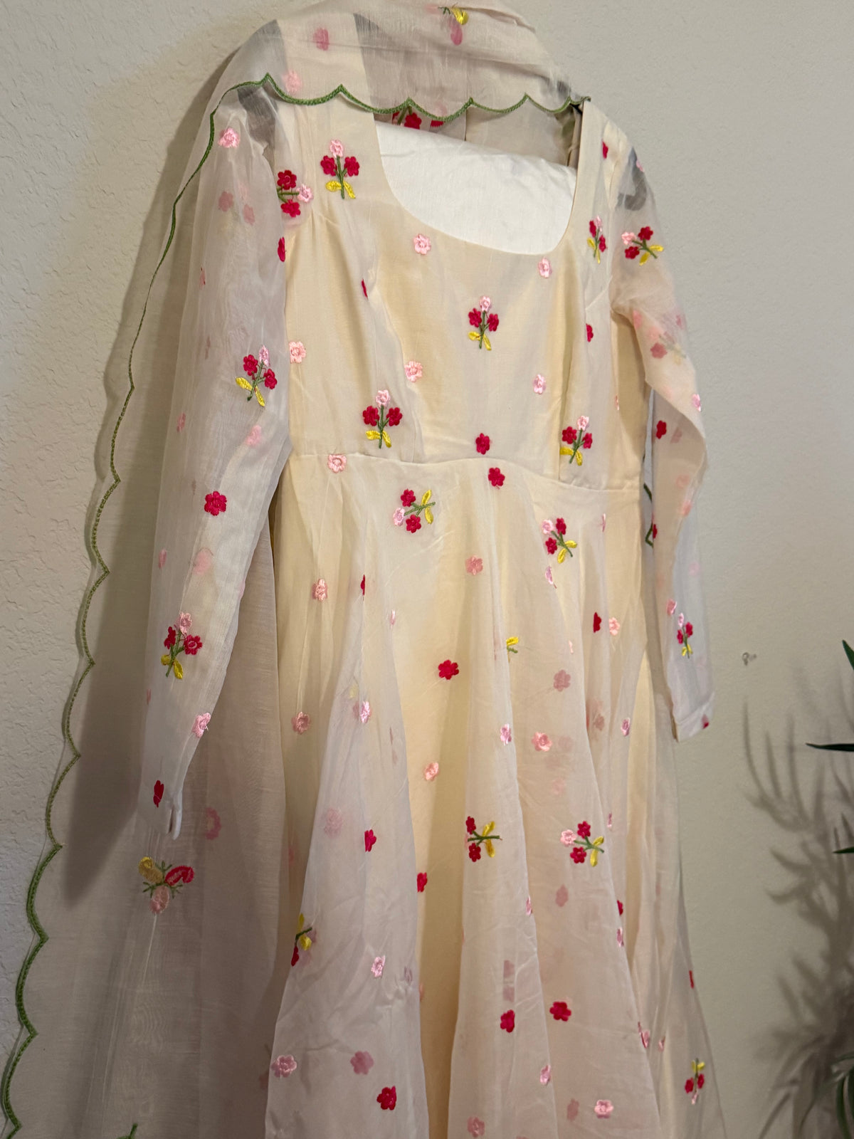 Ivory Shade Mul Chanderi Heavy Flared Floral Anarkali Set - Top, Pant and Dupatta