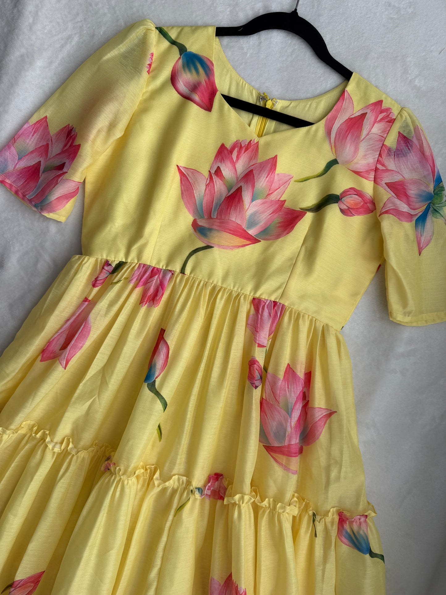 Yellow floral chanderi three tier midi dress