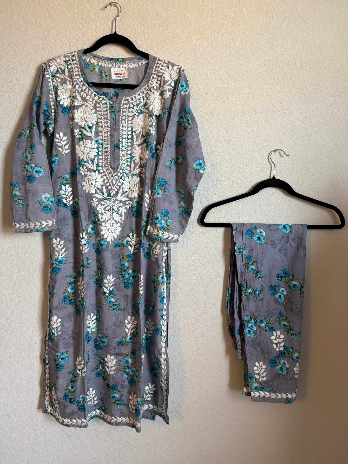Gray Floral Printed Cotton Chikankari Coord Set - Top with Palazzo