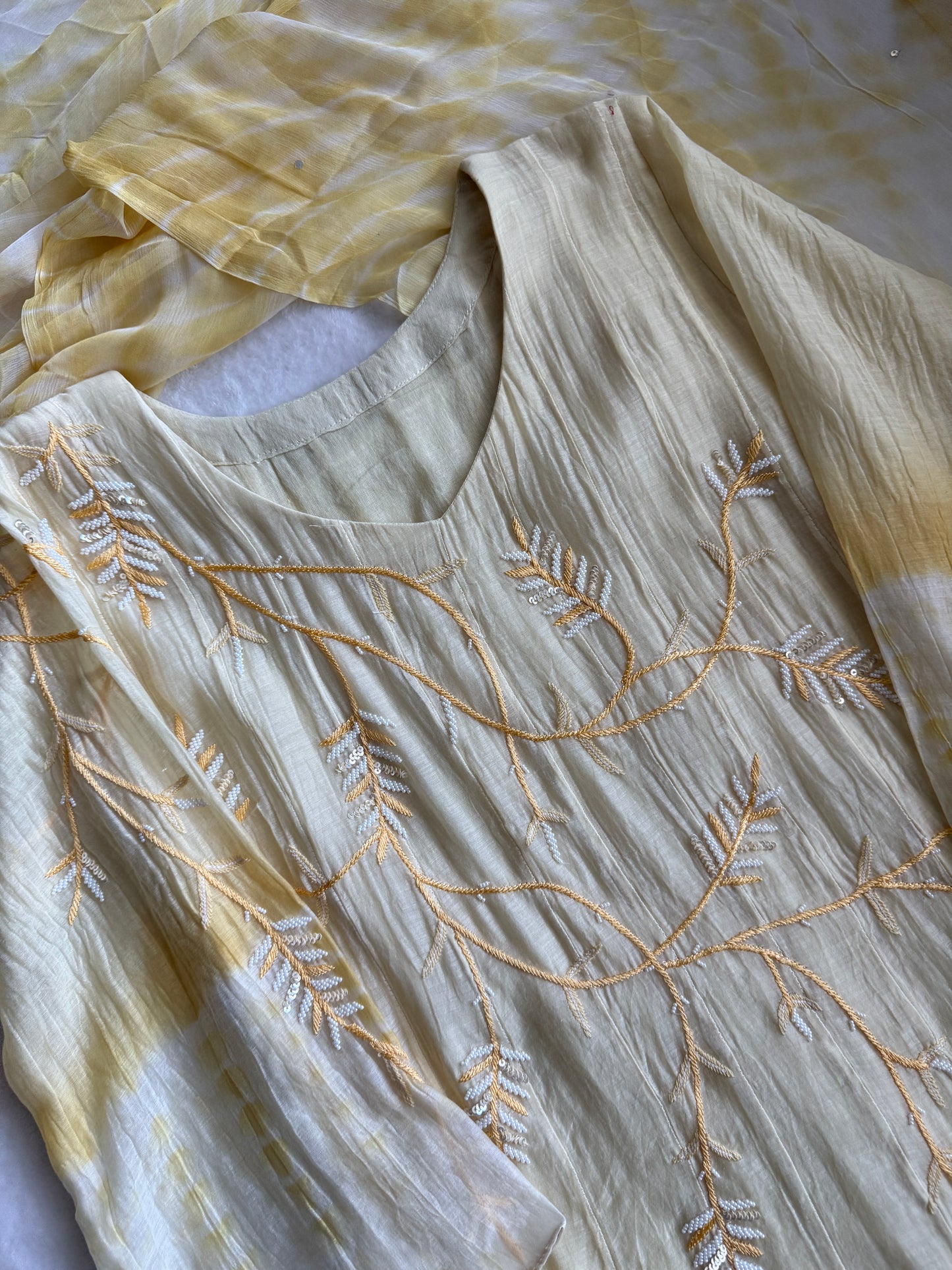 Pastel yellow handwork pure mul chanderi anarkali suit set