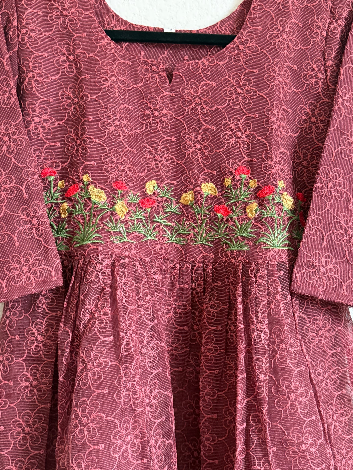 Wine Net Kota Embroidered Frock