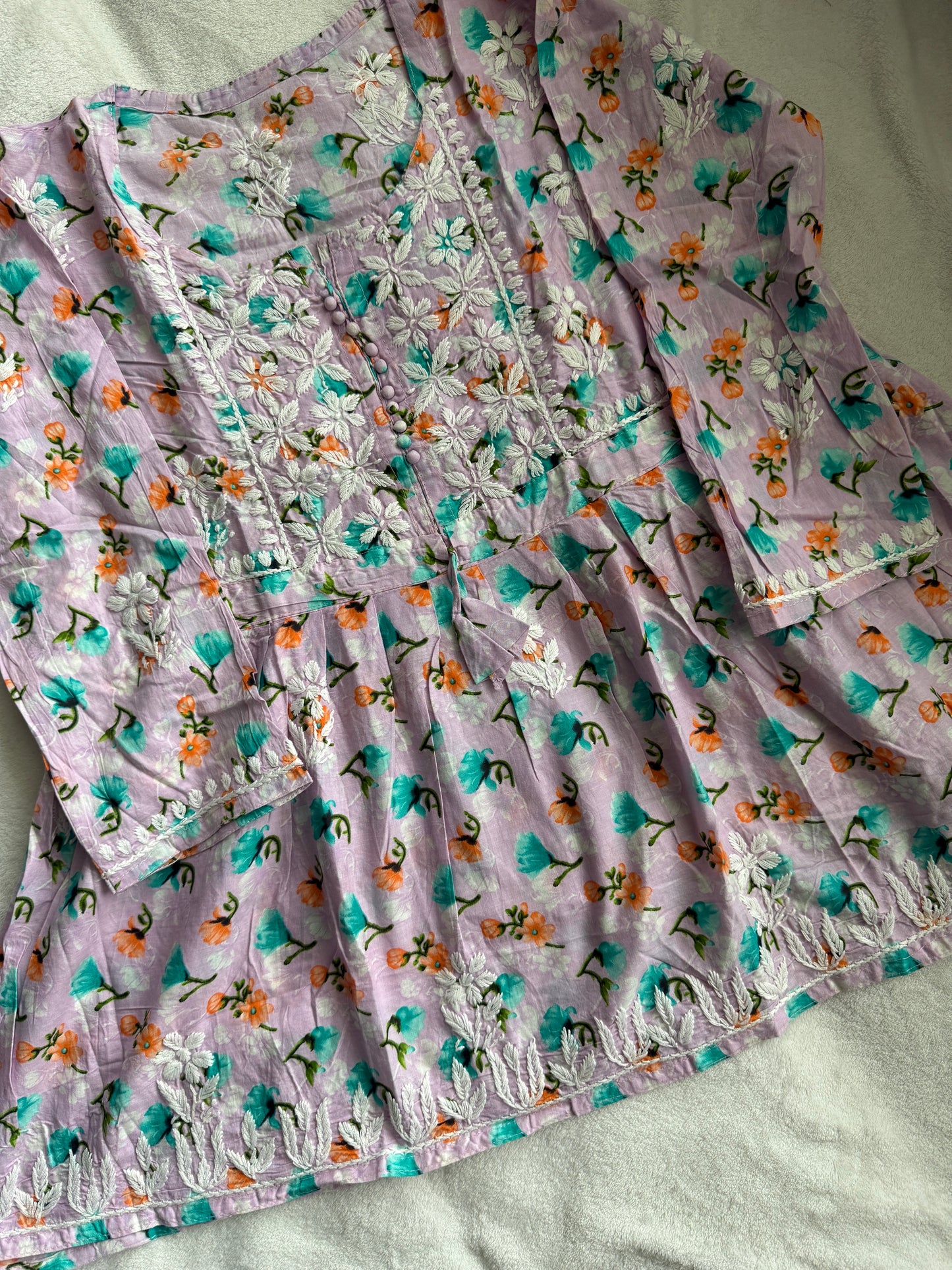 Lavendar chikankari short kurti - peplum style