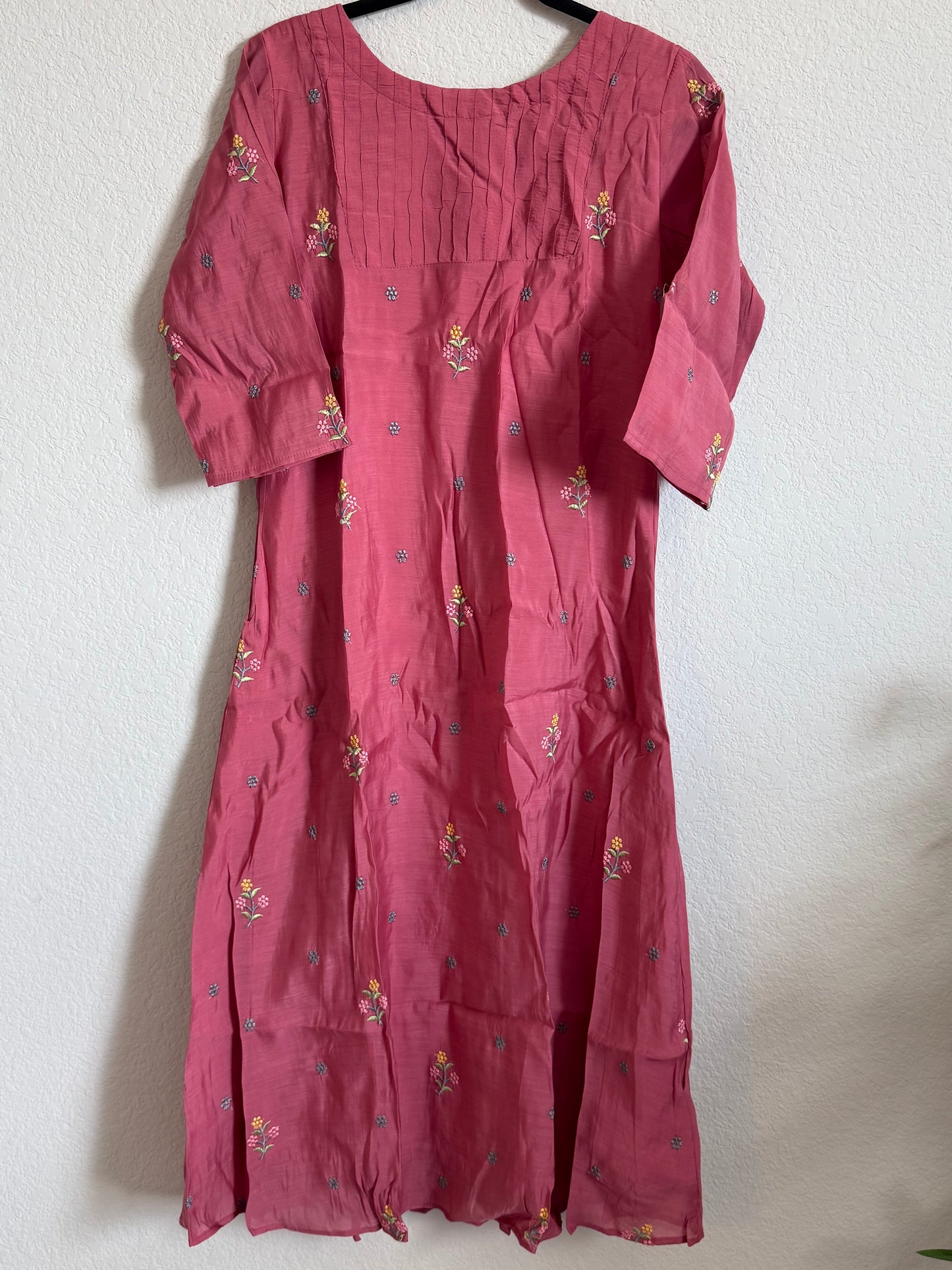 Peach Floral Embroidered Mul Chanderi A-line Kurti