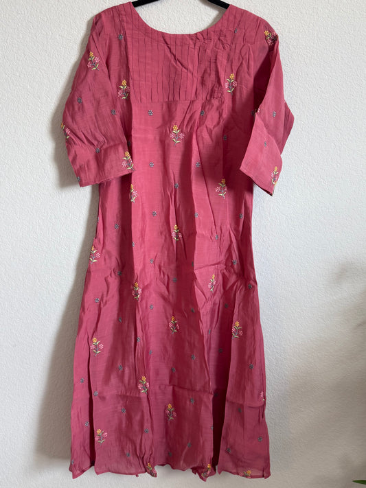 Peach Floral Embroidered Mul Chanderi A-line Kurti