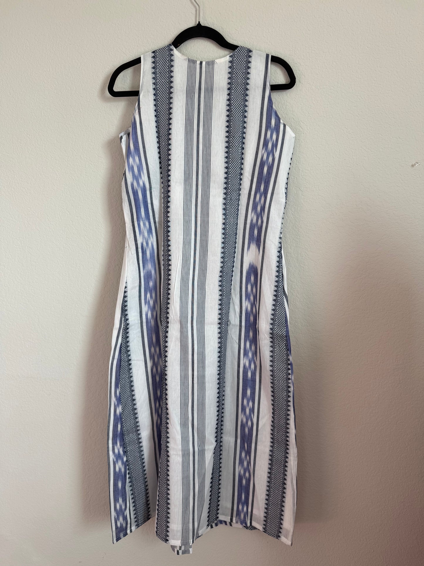 White and Blue Summer Cotton Ikkath Sleeveless Dress - Sleeves available inside