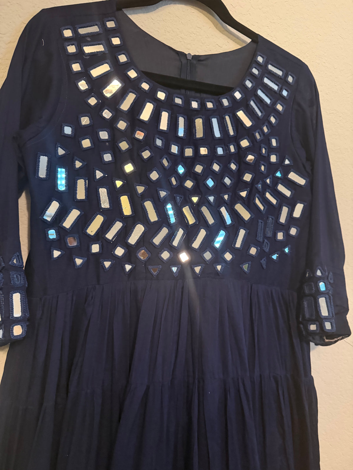 Navy Blue Mirror Work Heavy Flared Anarkali Long Dress