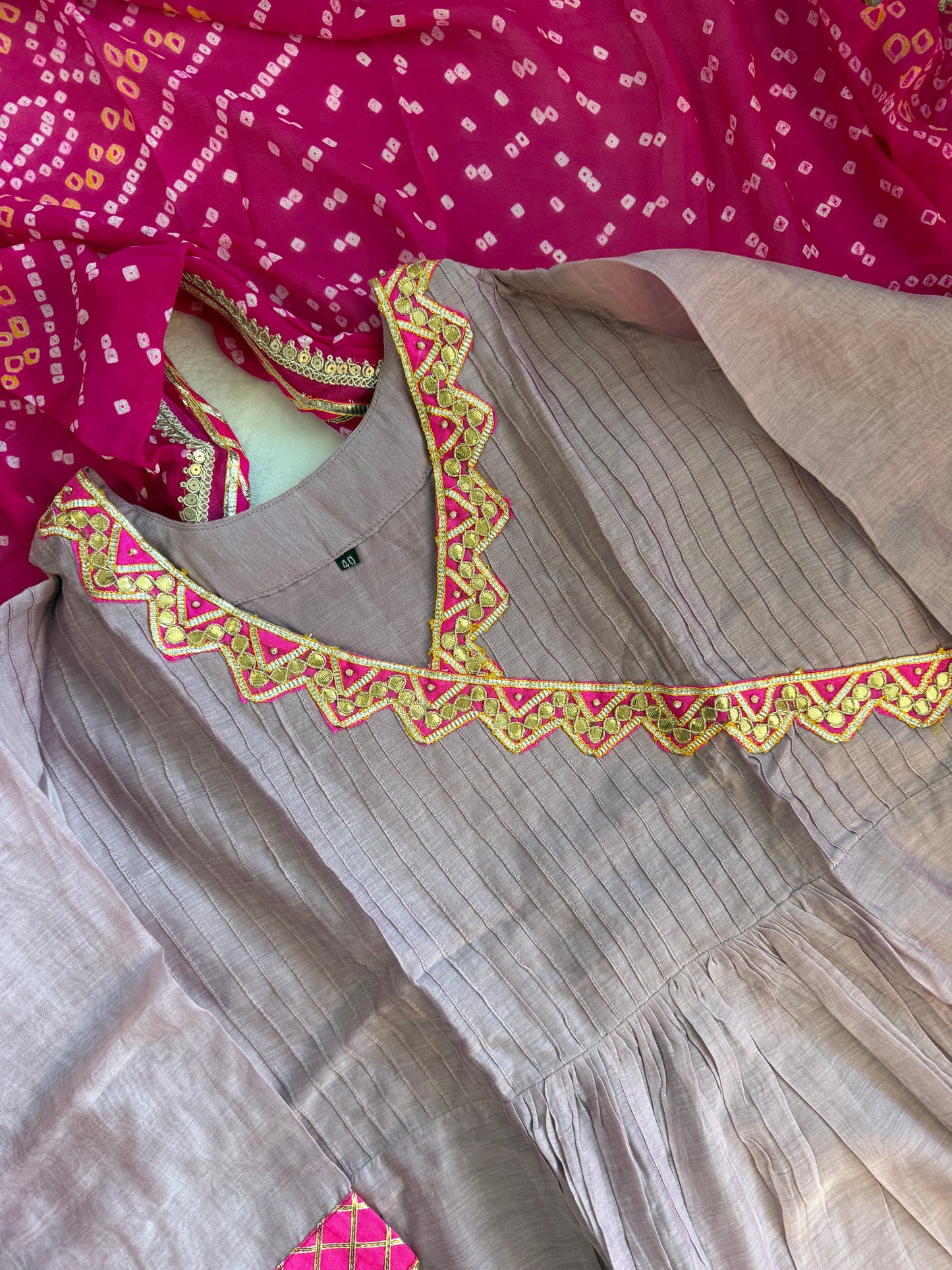 Lilac shade mul chanderi angrakha pattern kurti set with beautiful bandhini dupatta