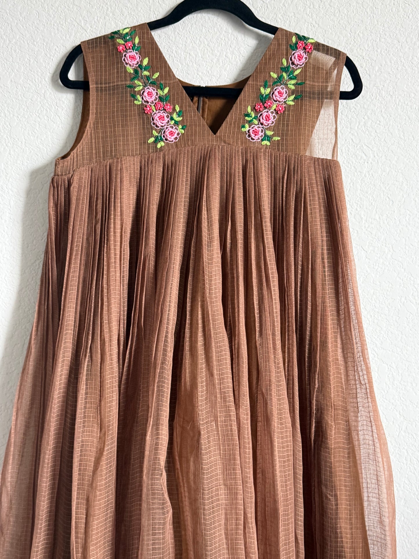 Brown Kota Sleeveless Maggam Work Dress