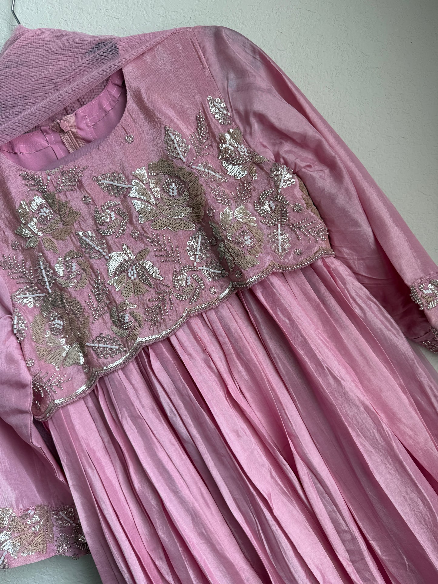 Baby pink uppada silk anarkali set with beautiful yolk detailing