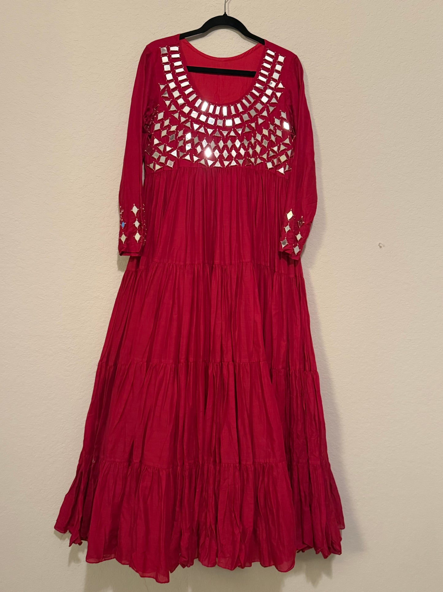 Pink Handwork Mirror Work Heavy Flared Anarkali Long Dress