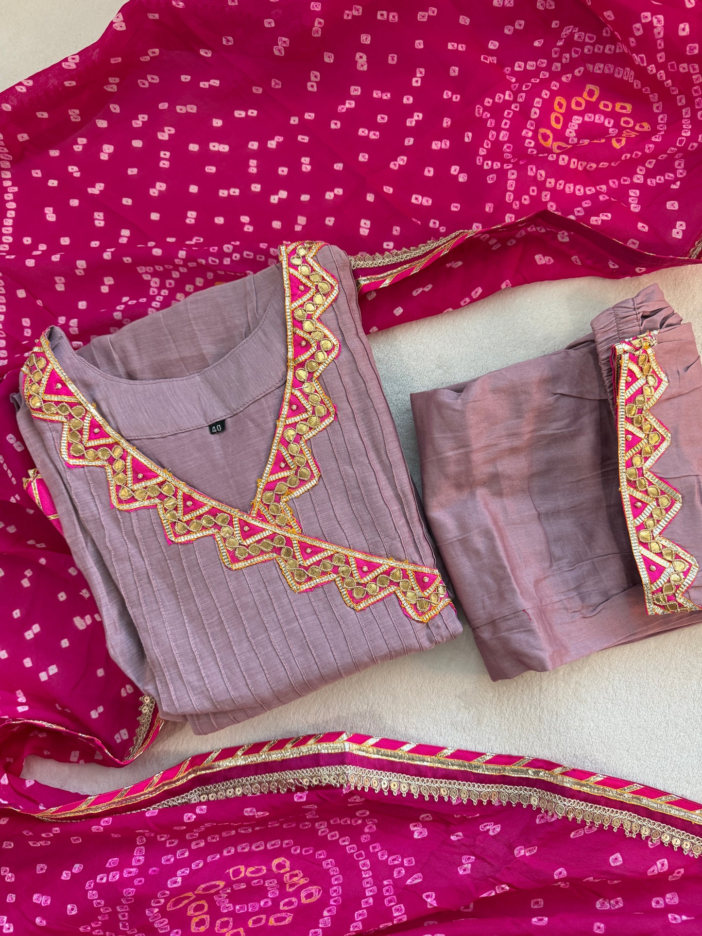 Lilac shade mul chanderi angrakha pattern kurti set with beautiful bandhini dupatta