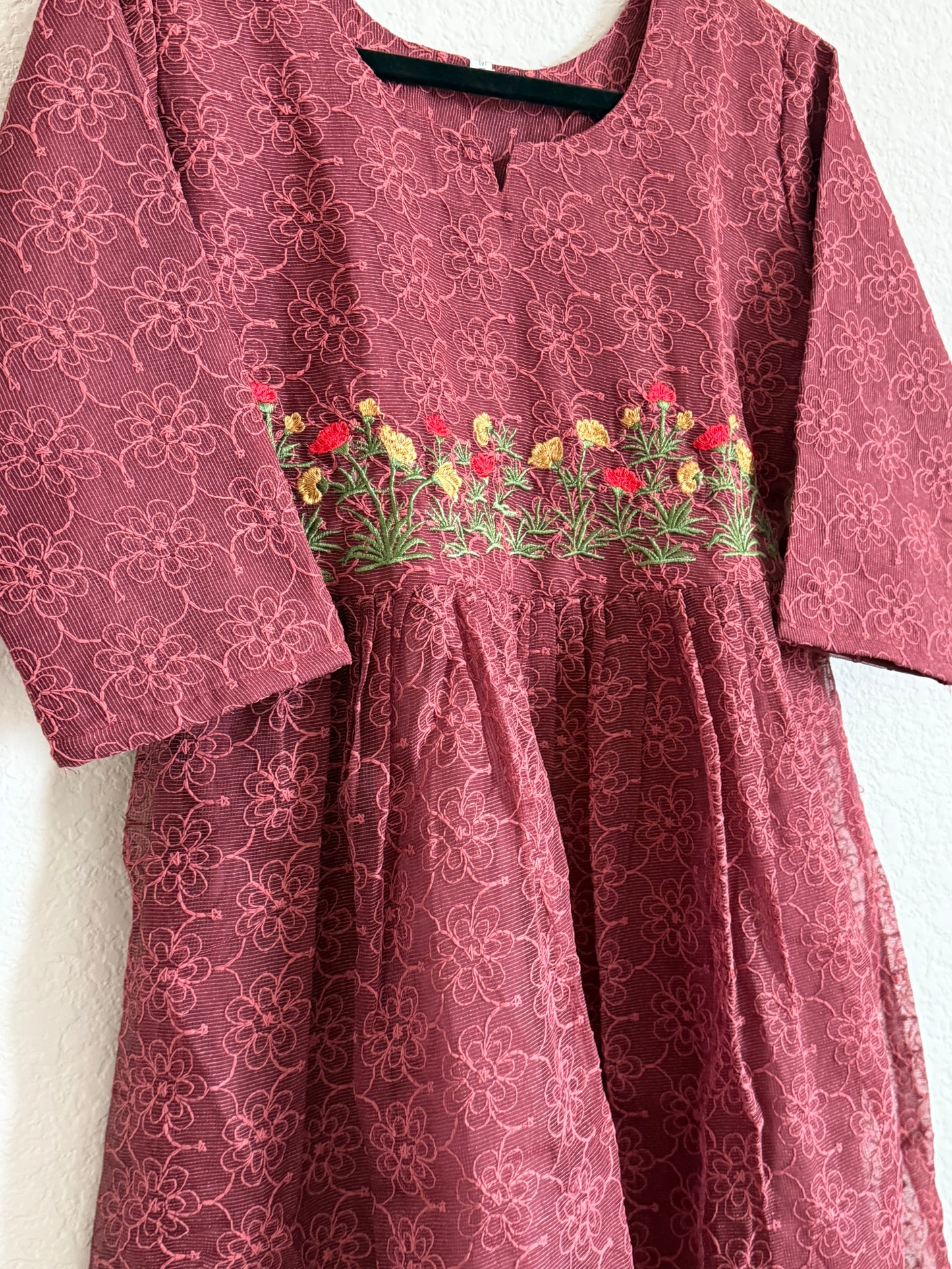 Wine Net Kota Embroidered Frock