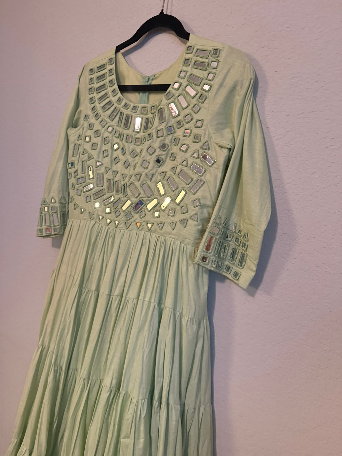 Pista Green Mirror Work Heavy Flared Anarkali Long Dress