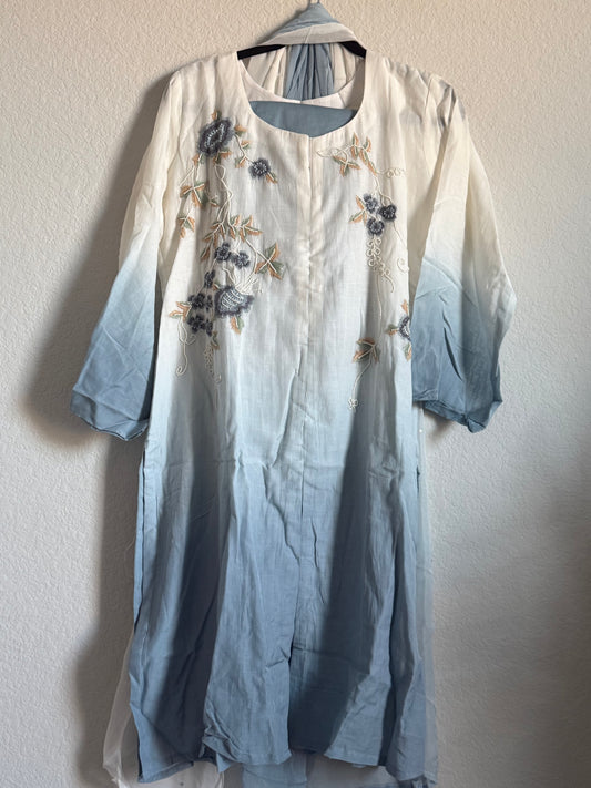 Half white and powder blue mul chanderi handwork aline suit