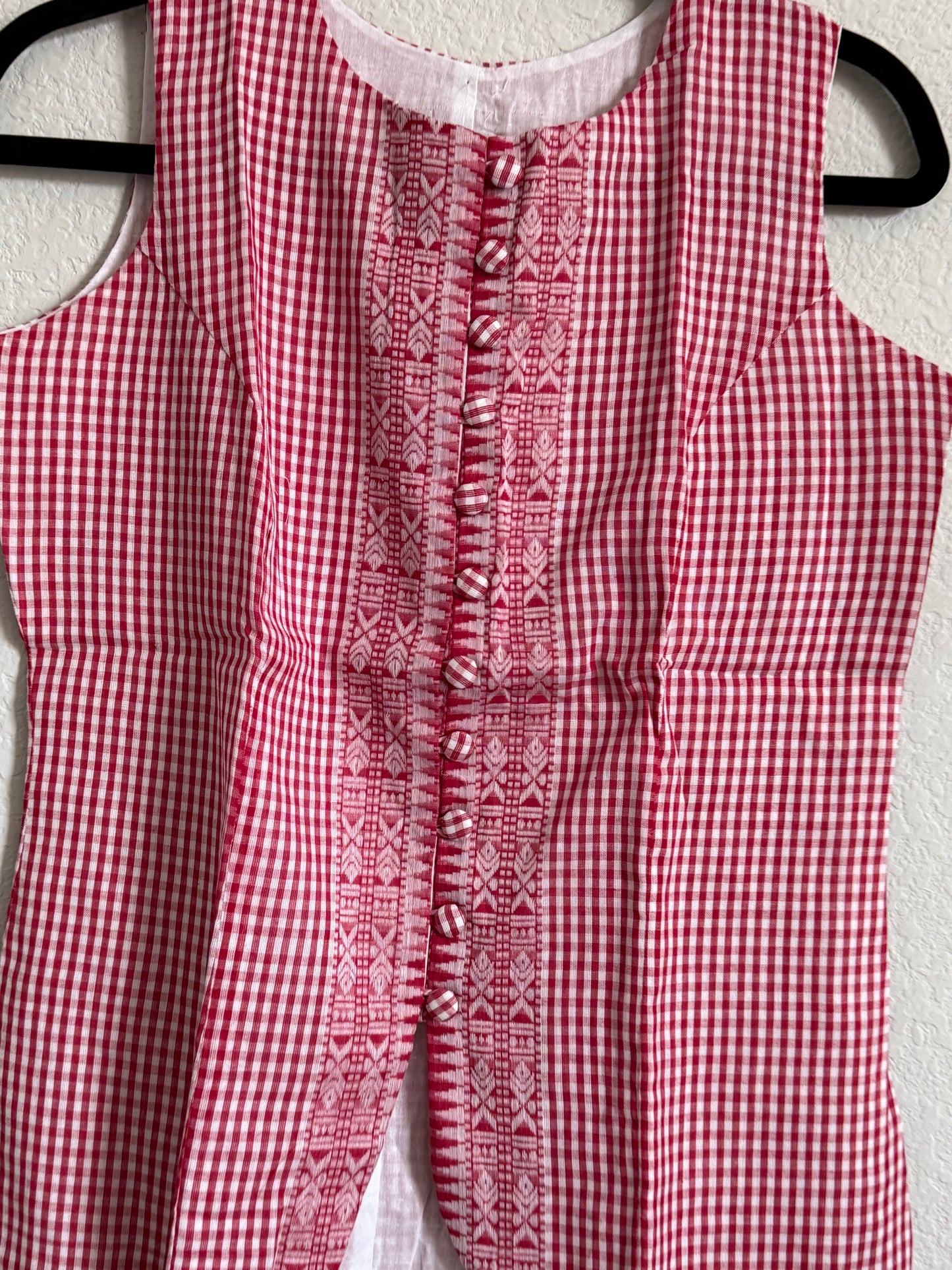 Red Cotton Checks Sleeveless Short Top