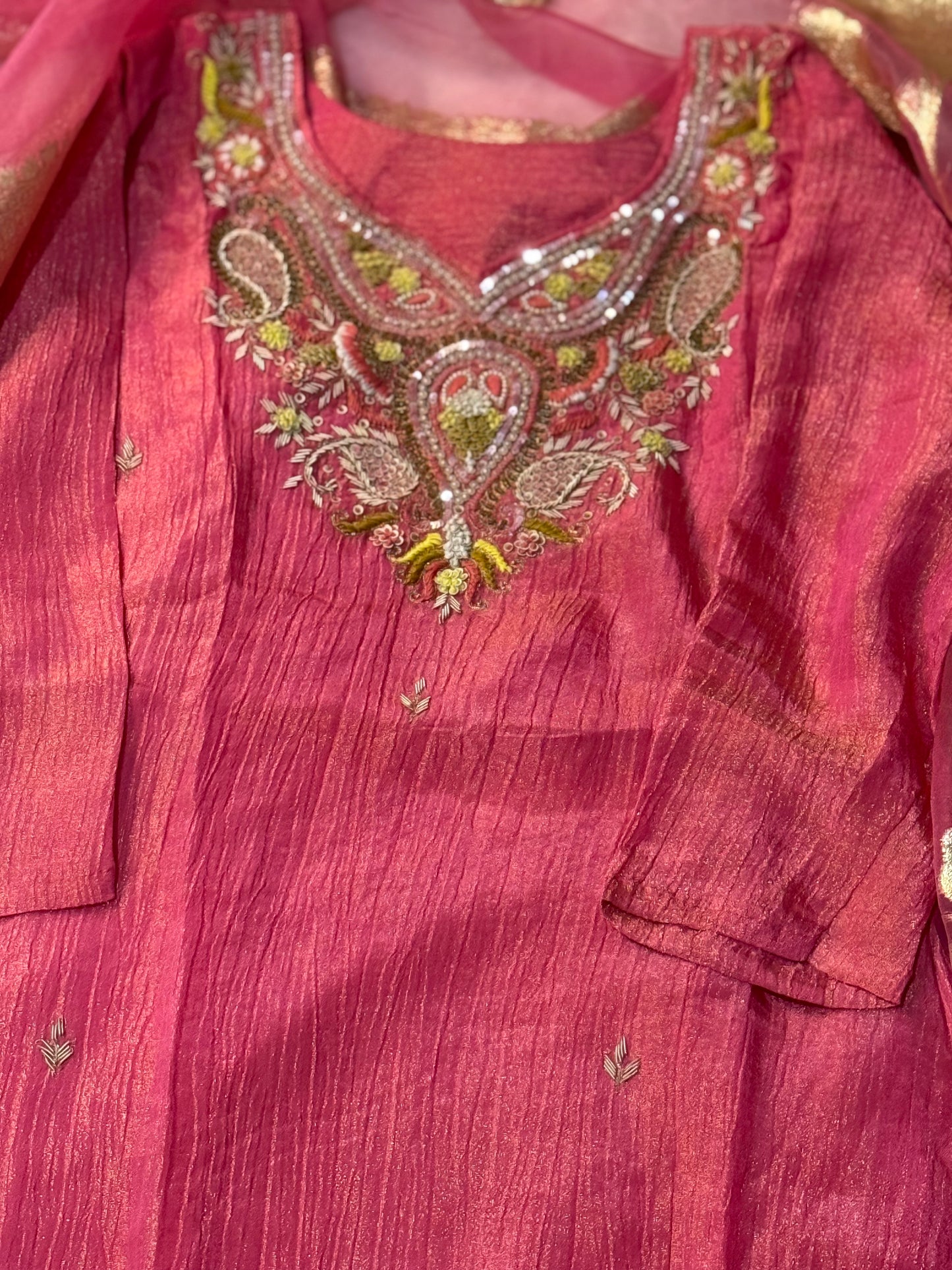 Pink shade crush tissue A-line kurti set with gorgeous banarasi dupatta