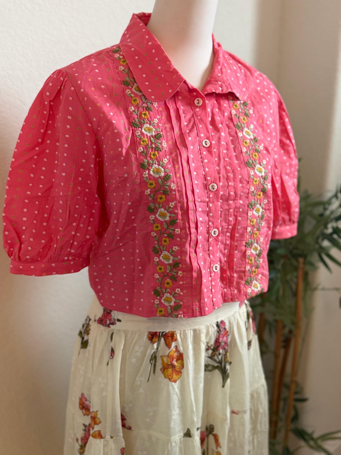 Pink crop top with white floral skirt