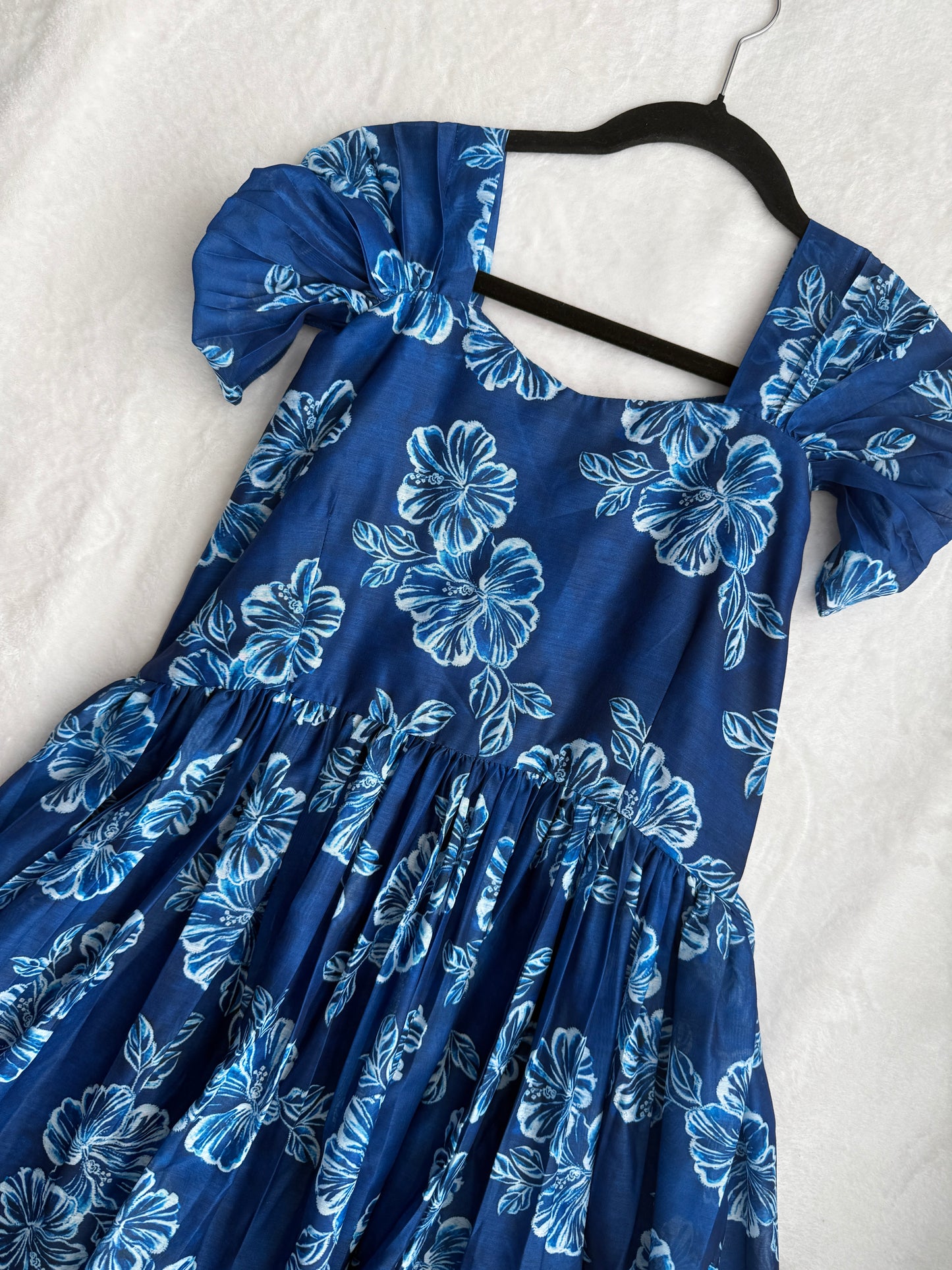 Blue floral chanderi swan sleeve midi dress