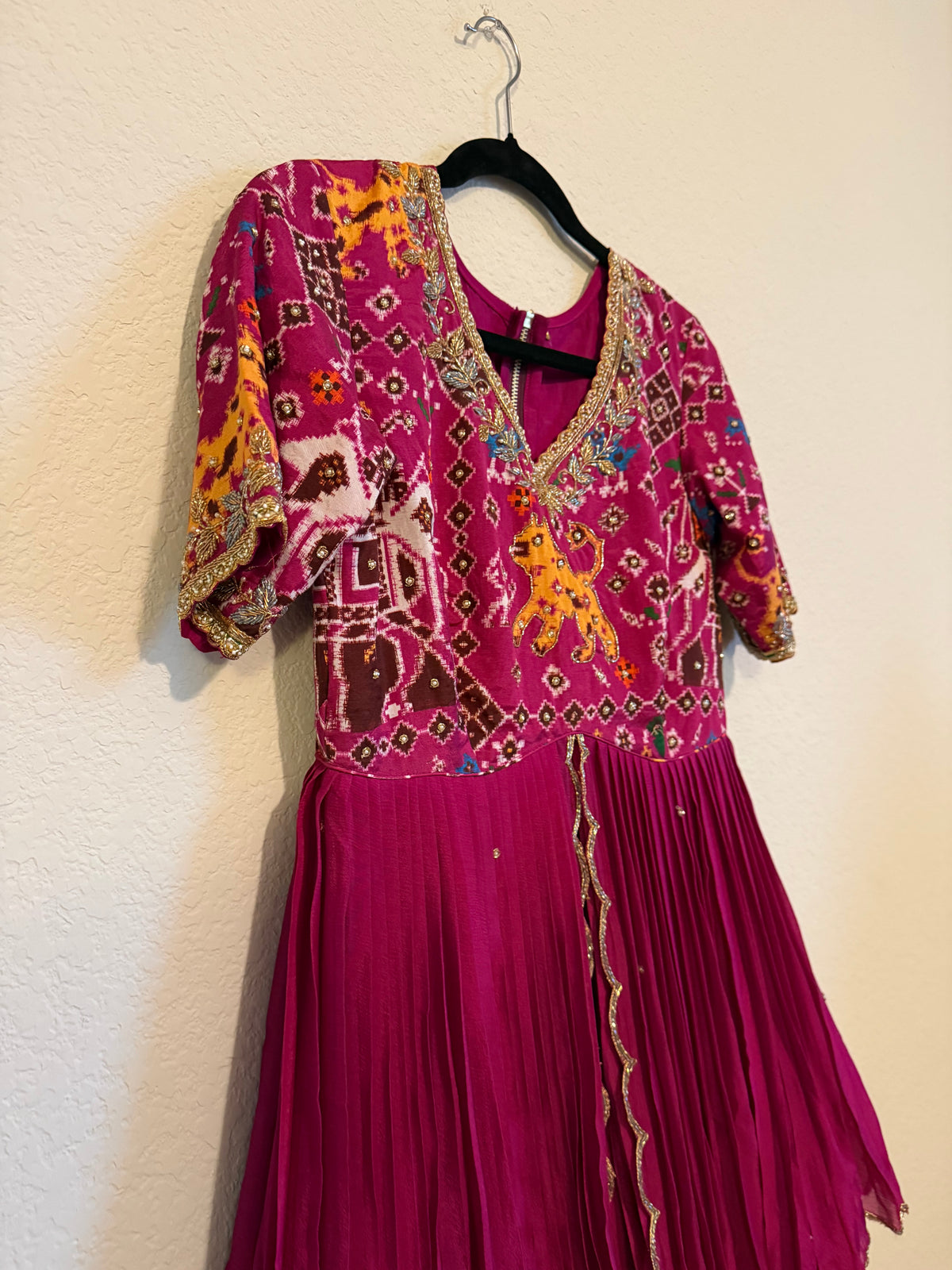 Magenta Orange Pure Patola Peplum Top with Skirt Set