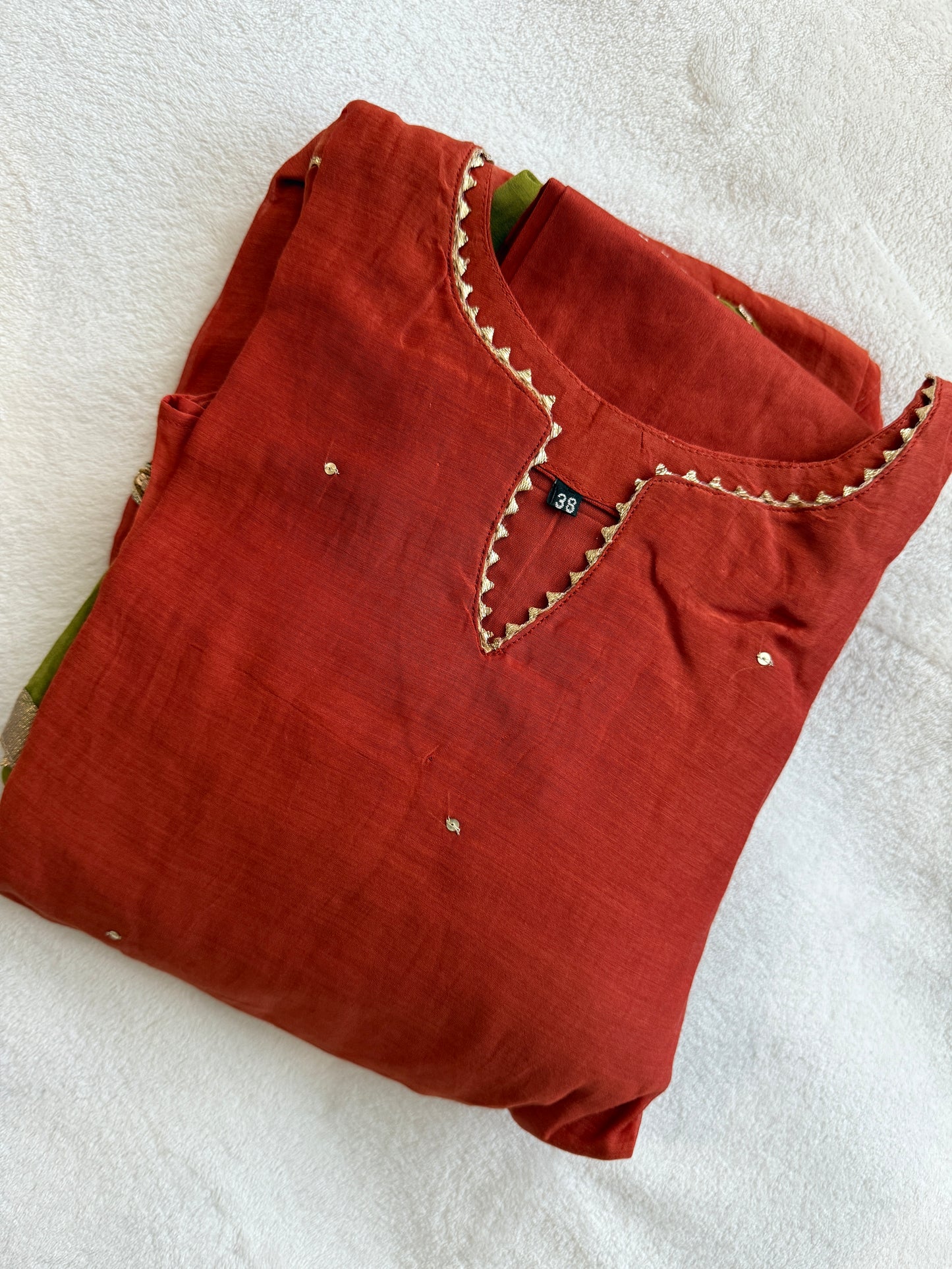 Rust orange mul chanderi kurti set with mehendi green dupatta