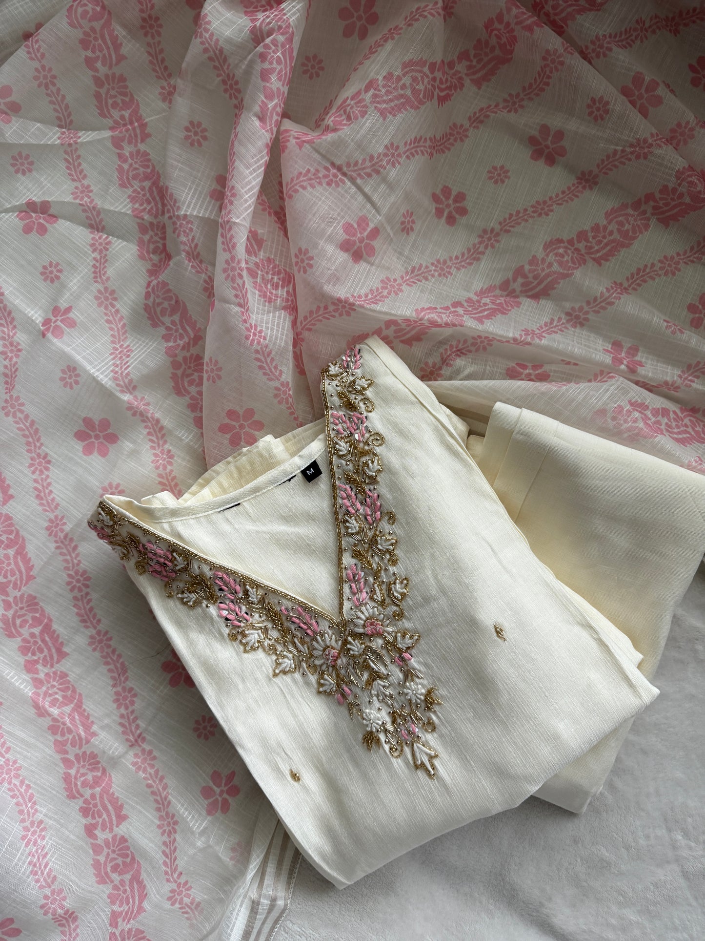 Ivory shade vatican silk handwork anarkali kurti set with floral dupatta