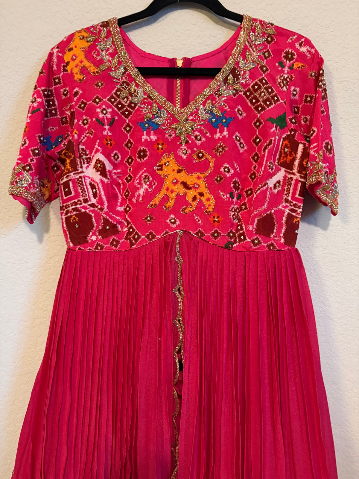 Pink Pure Patola Peplum Top with Skirt Set