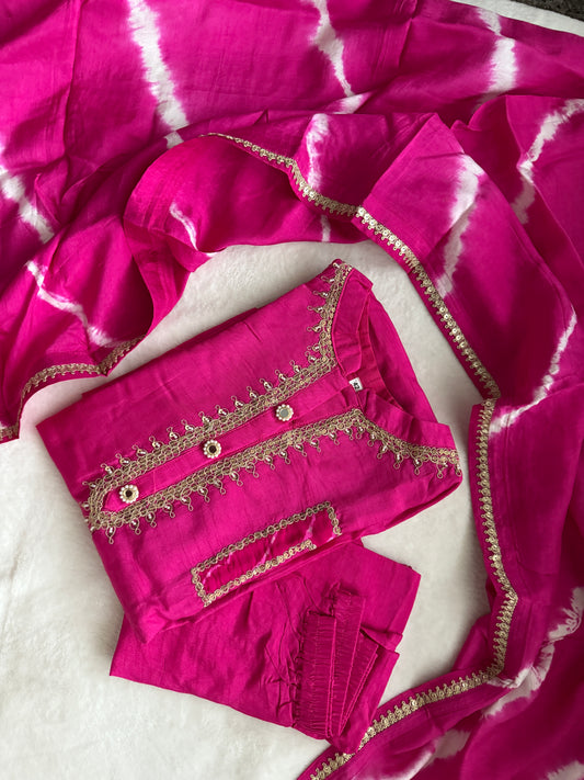Pink Dola Silk Heavy Work Straight Cut Kurti Set with Leheriya Dupatta