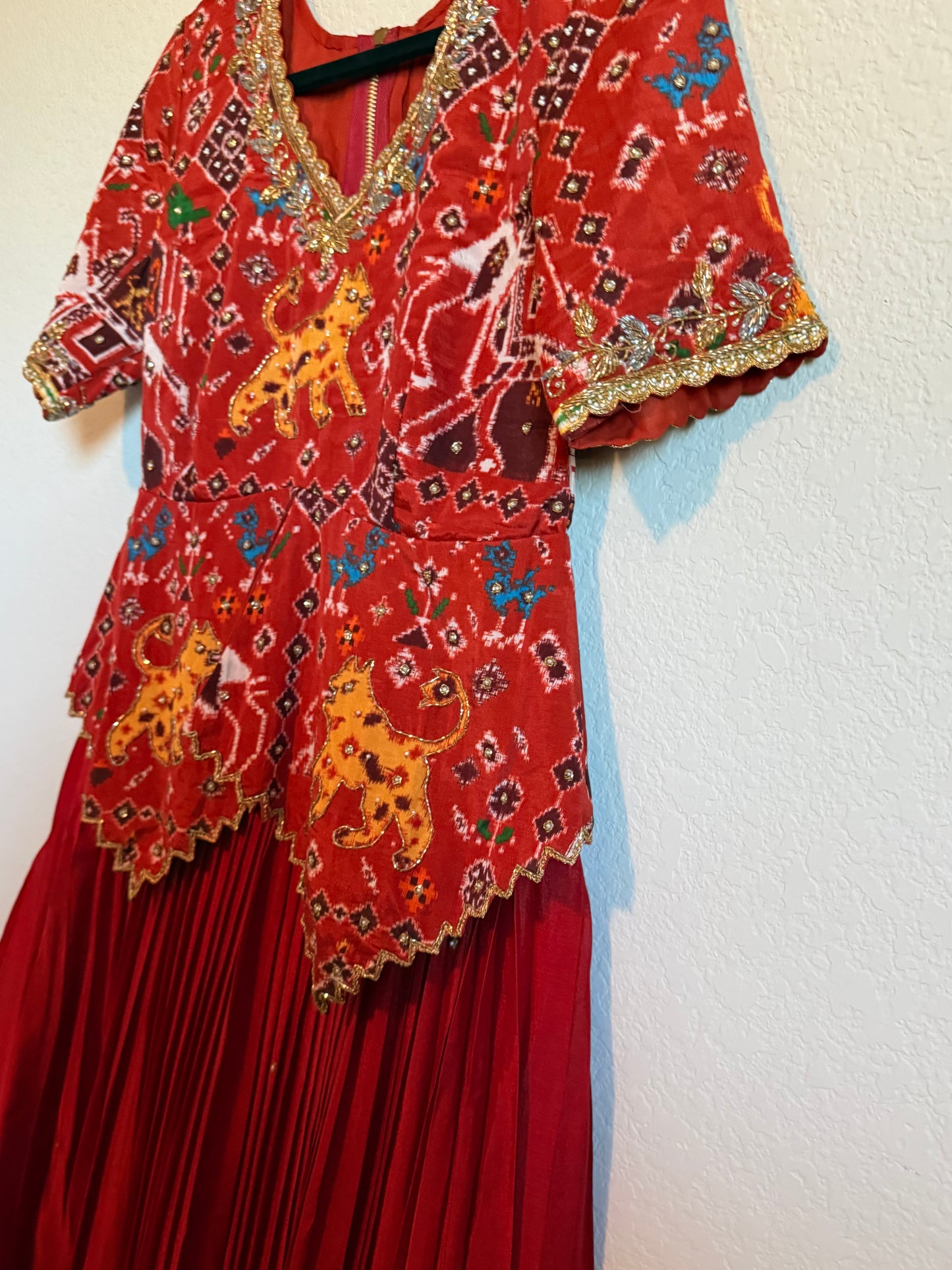 Rust Orange Pure Patola Diamond Cut Pattern Peplum Top with Skirt Set