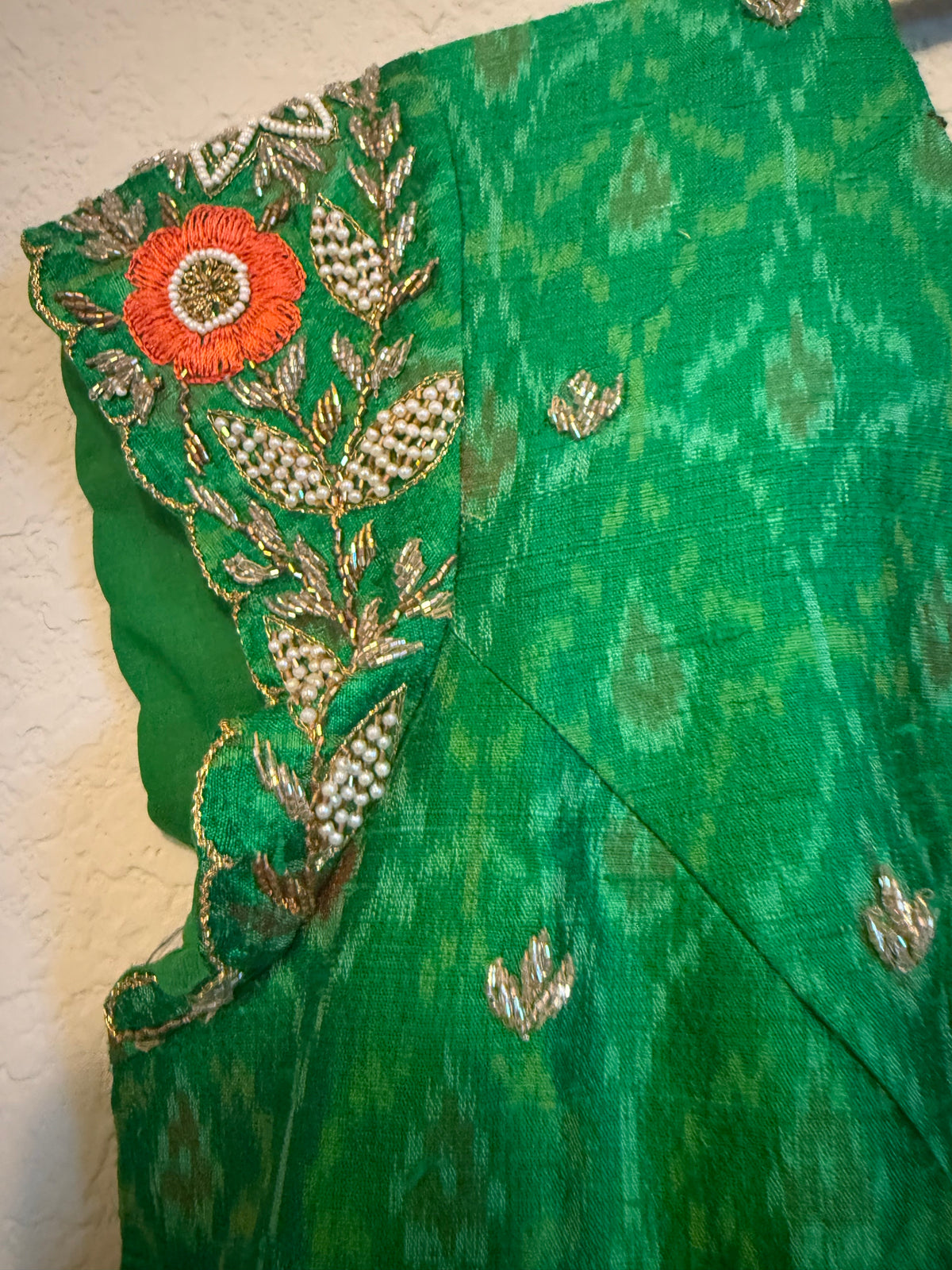 Green Raw Silk Ikkath Maggam Work Designer Long Dress with Short Sleeve