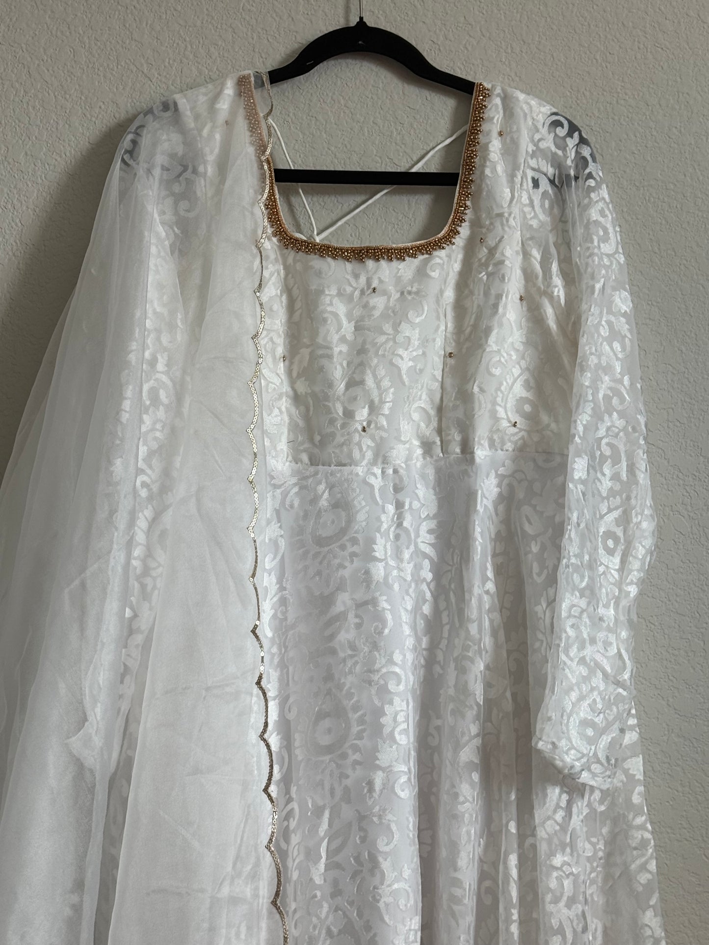 White Brasso Heavy Flared Full Sleevel Anarkali Set - Top with Dupatta