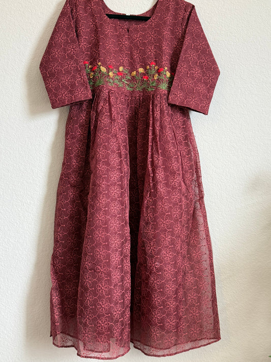 Wine Net Kota Embroidered Frock