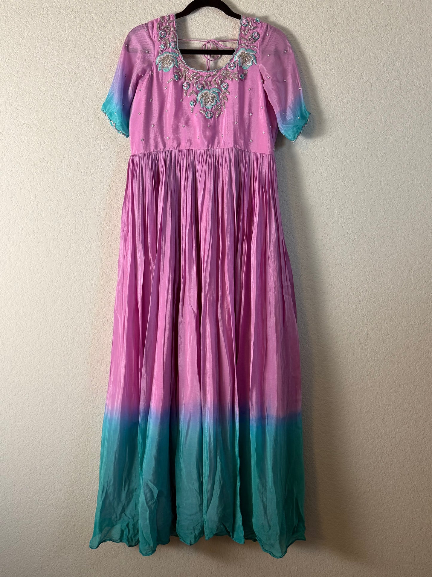 Light Pink with Teal Blue Chinnon Maggam Work Long Dress