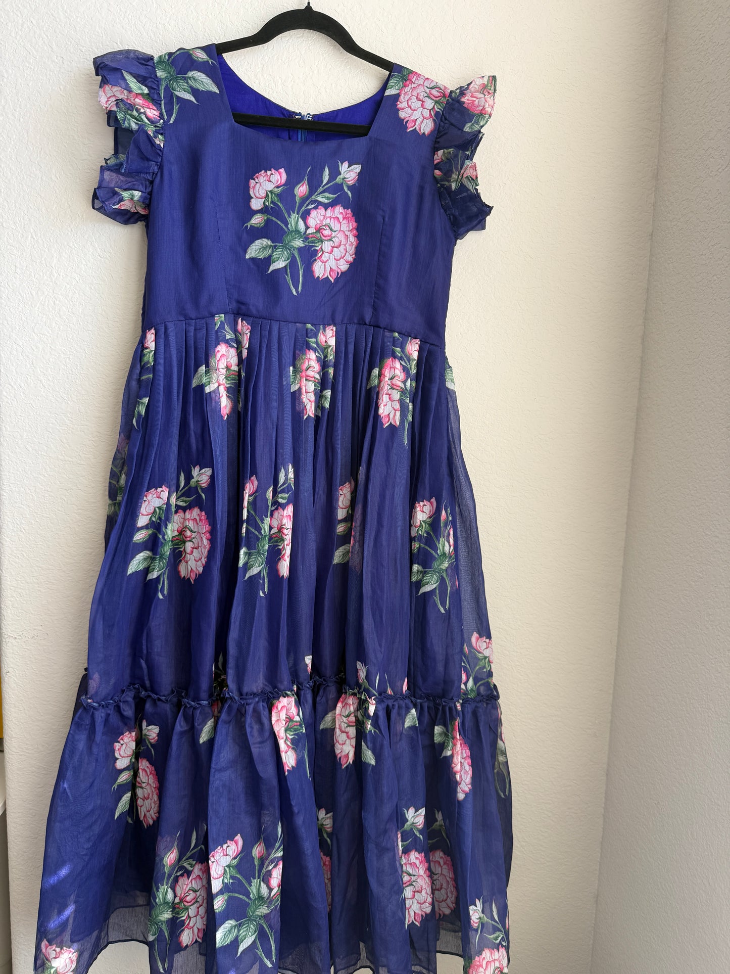Purple floral chanderi midi dress