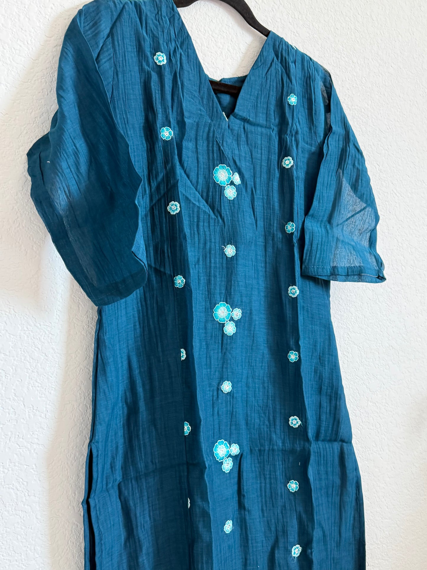 Blue Mul Chanderi Straight Cut Kurti