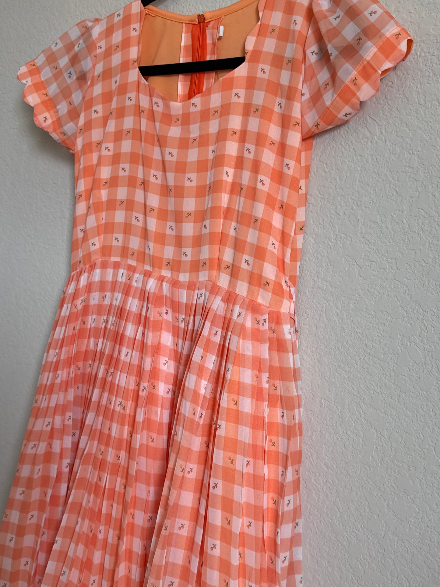Orange Floral Checks Georgette scallop style frock with short scallop sleeve