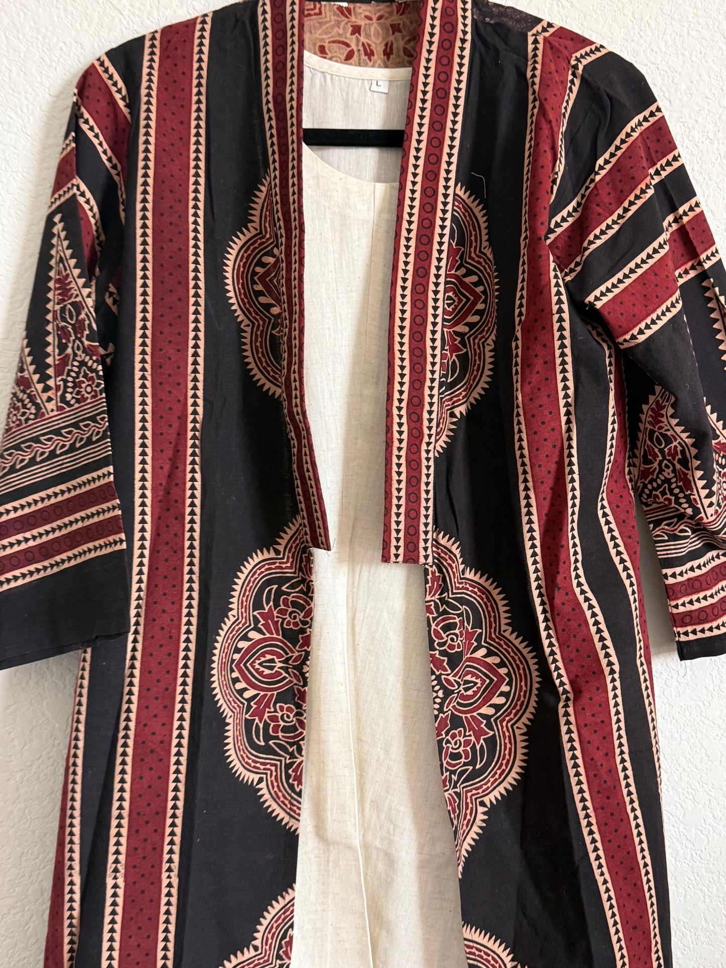 Black Ajrakh Coat Model Dress with Half White Cotton Sleeveless Inner