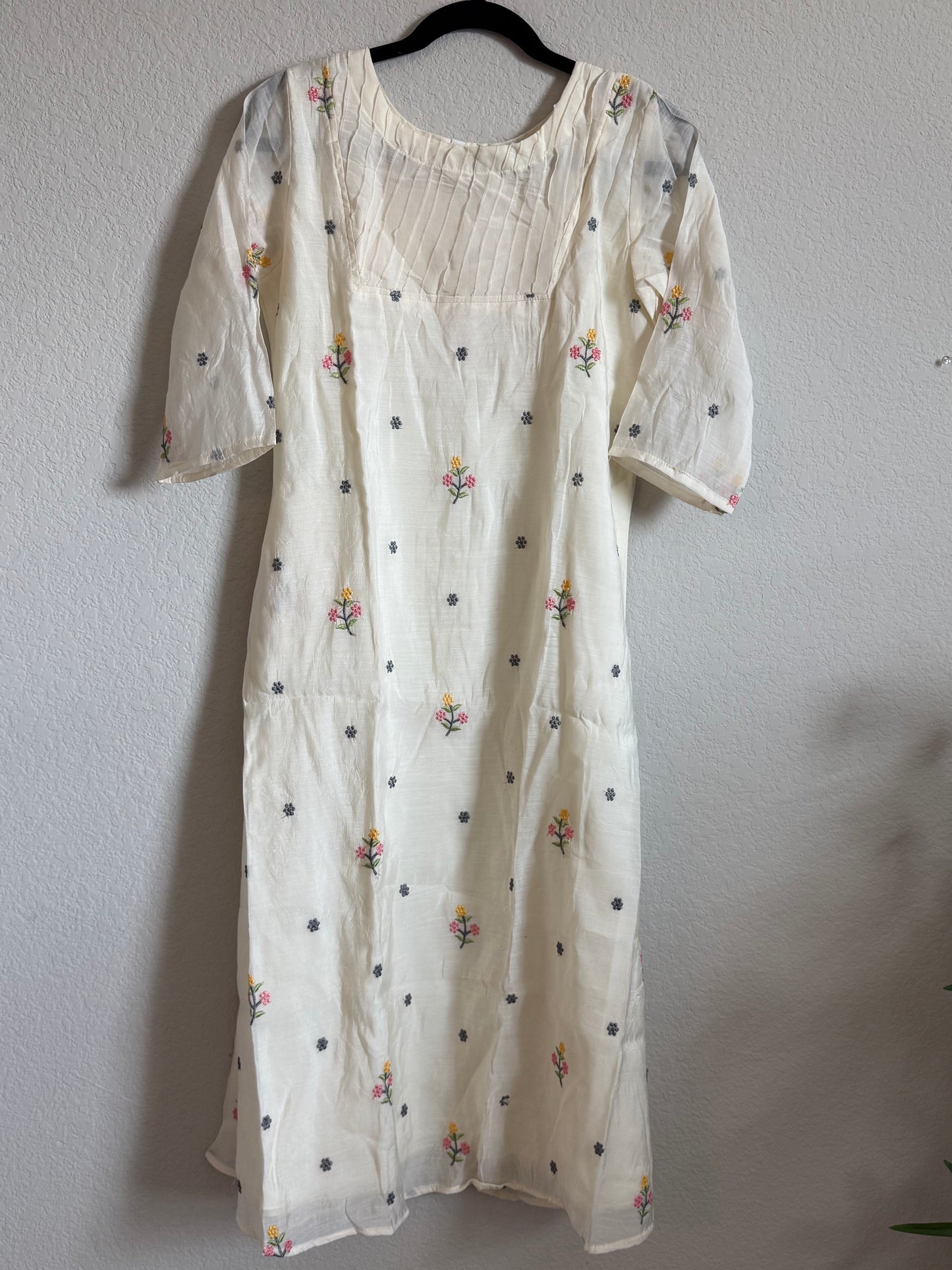 Half White Floral Embroidered Mul Chanderi A-line Kurti