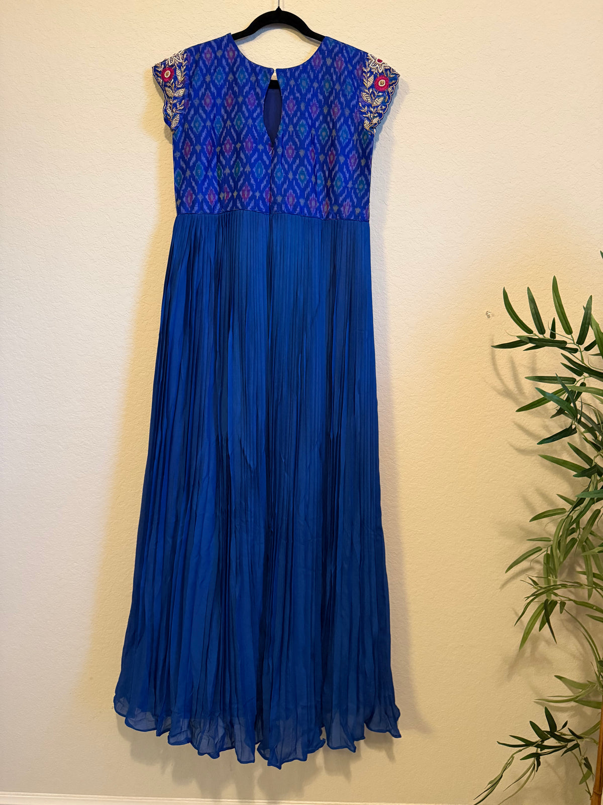 Blue Raw Silk Ikkath Maggam Work Designer Long Dress with Short Sleeve