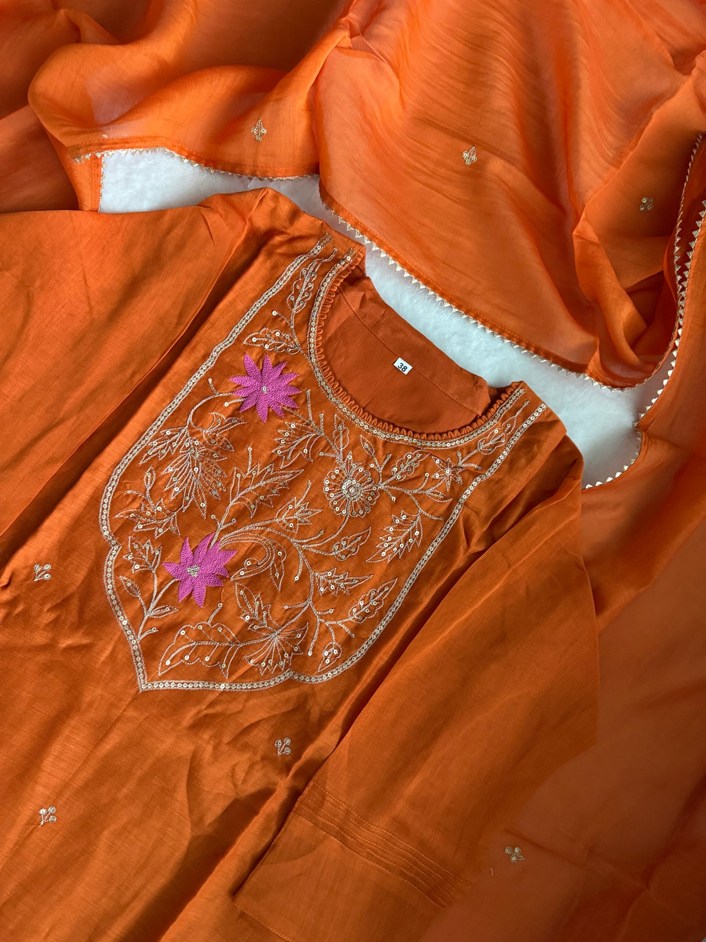 Rust Orange Mul Chanderi Straight Cut Kurti Set with Dupatta – Elegant Party & Festive Wear