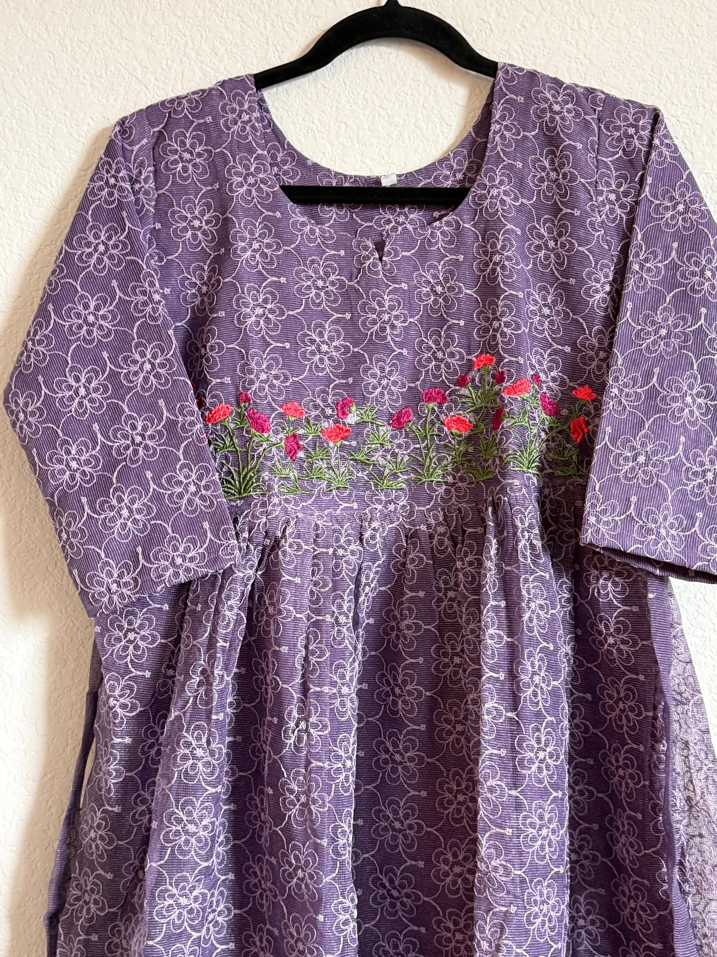 Purple Net Kota Embroidered Frock
