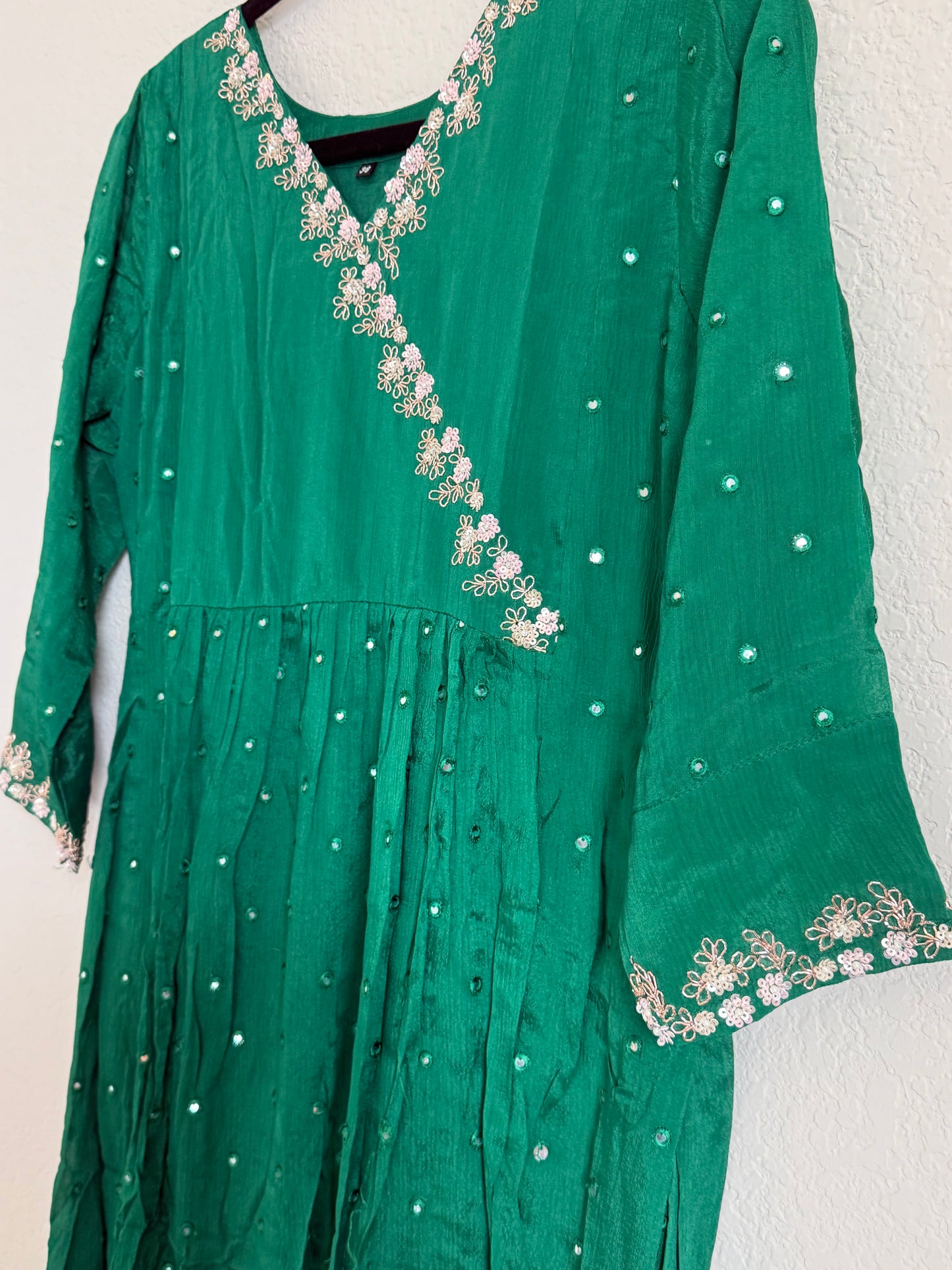 Green chinnon mirror maggam work tunic