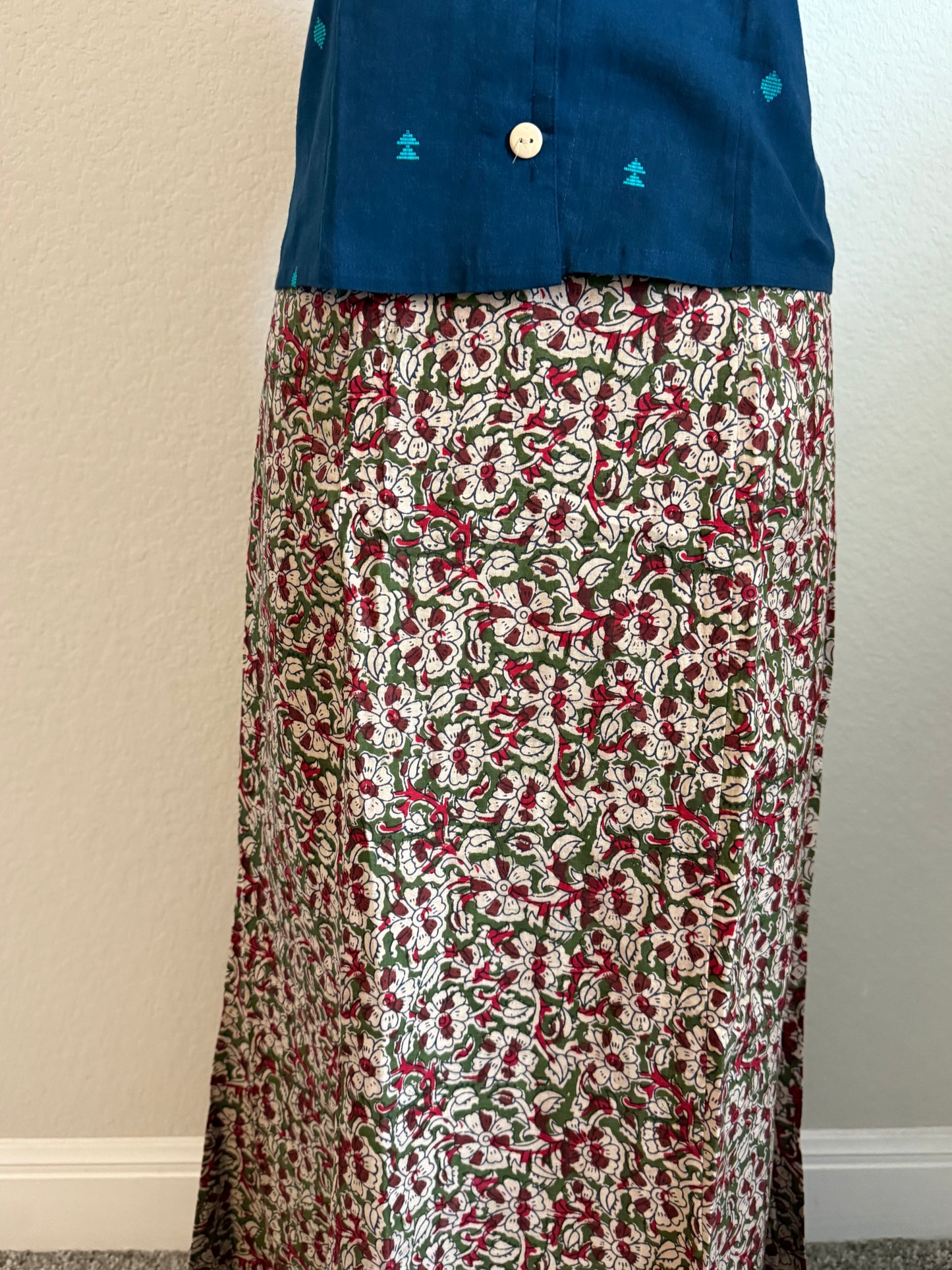 Blue Cotton Top with Kalamkari Long Skirt