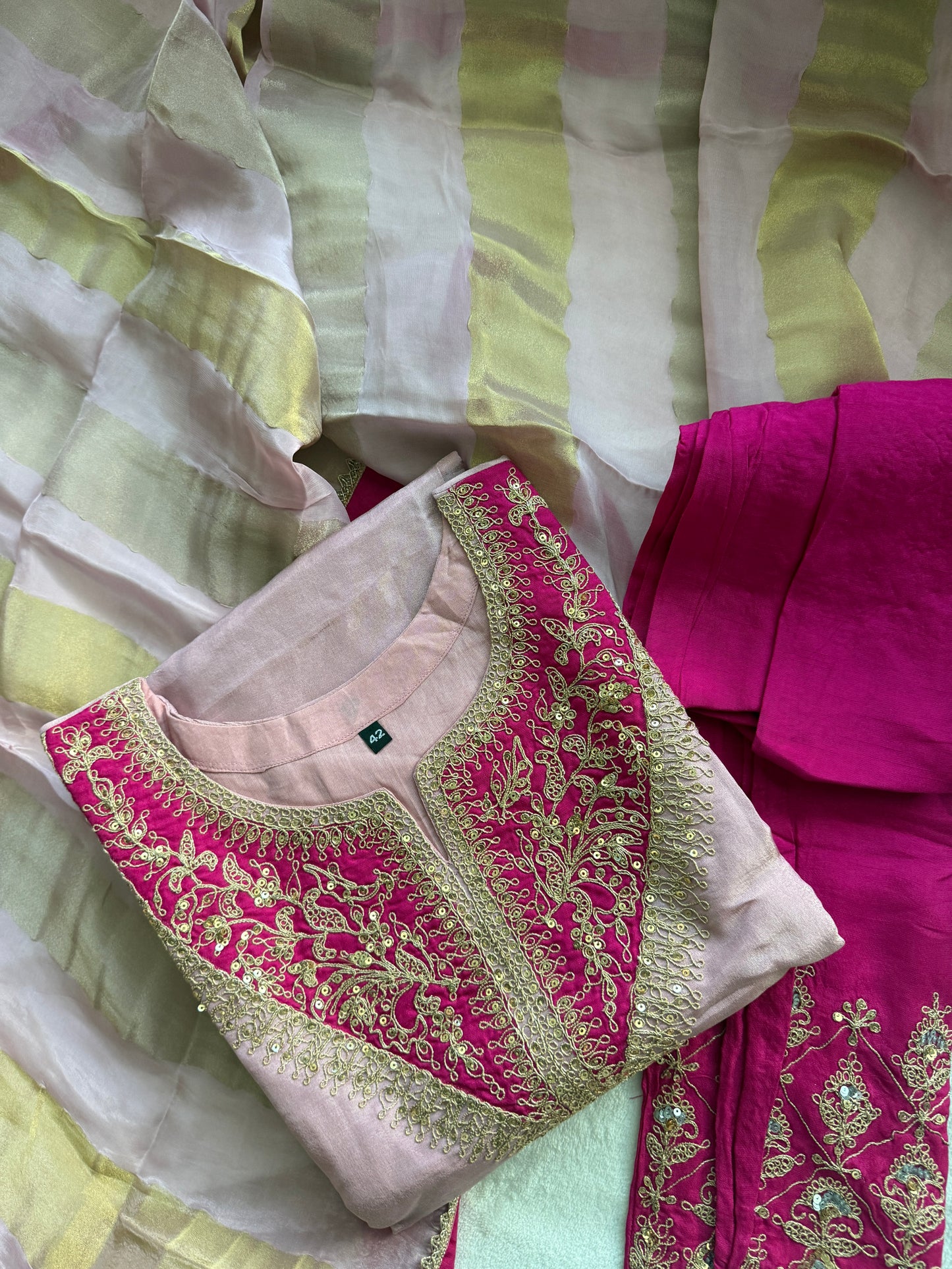 Baby pink tissue A-line kurti set with gorgeous tissue dupatta